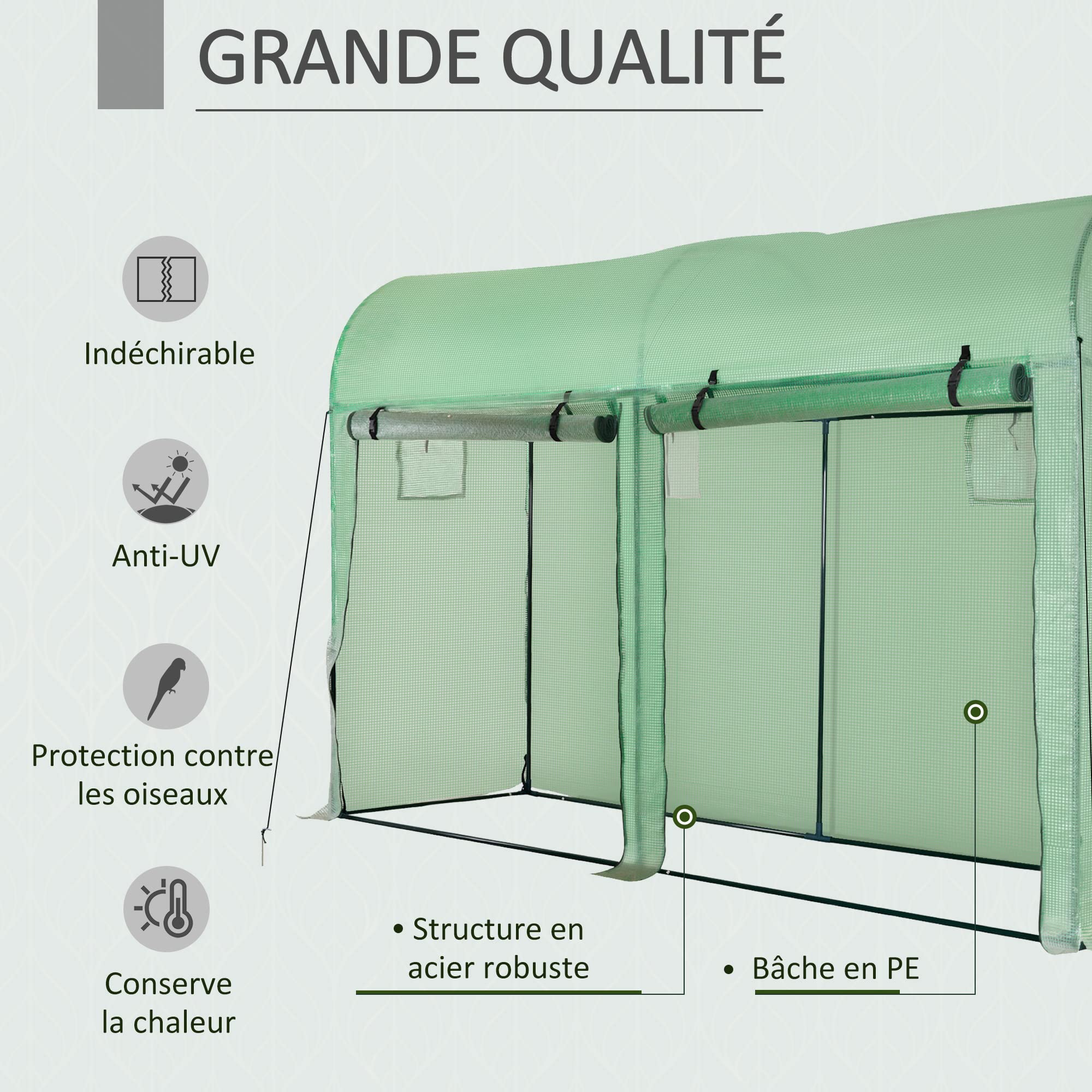 Outsunny Serre de Jardin, Petite Serre de Balcon en Bâche PE et Châssis Acier, Portes et Fenêtres Roulantes, pour Légumes et Fleurs, Intérieur et Extérieur, 300 x 100 x 200 cm, Vert