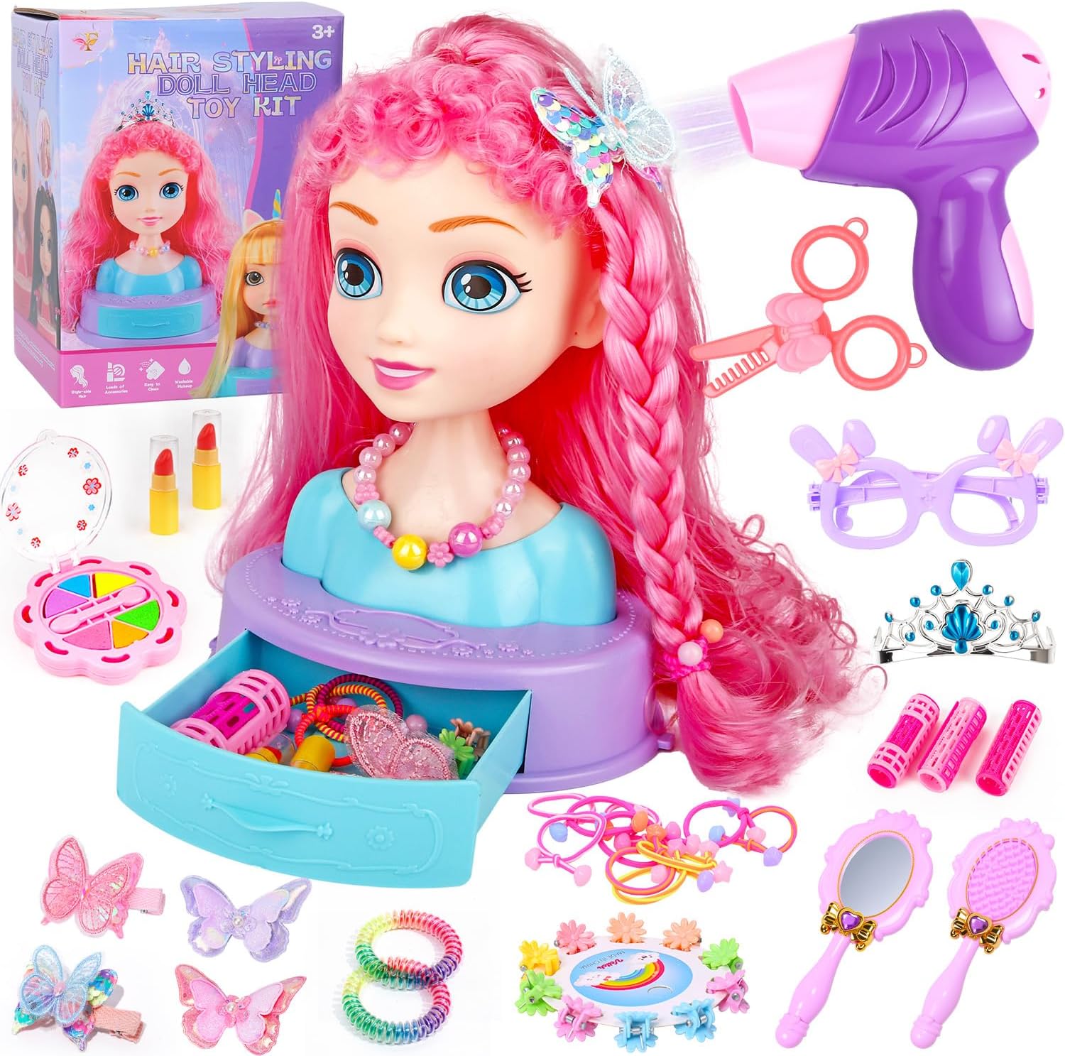 4-in-1 Doll Head for Hair Styling Kids-9Inch,41pcs Hair Salon Toys Makeup Kit Princess Accessories Pretend Play Toys Birthday Gifts for 3-8 Year Old Girls
