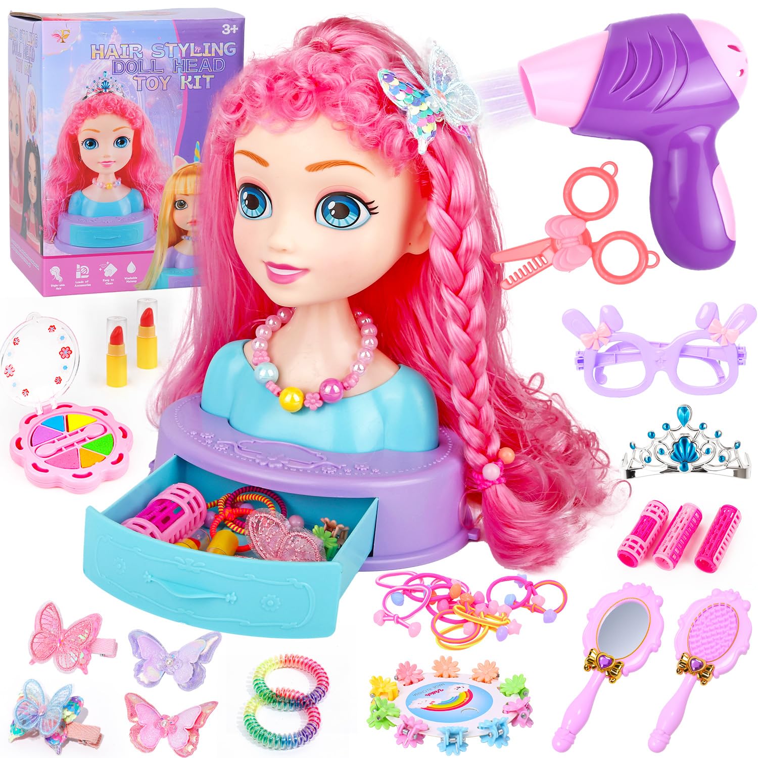 4 in 1 Doll Head for Hair Styling Kids 9 pollici, 41 pezzi Hair Salon Toys Kit Princess Accessories Pretend Play Toys Birthday Gifts for 3-8 anni Old Girls