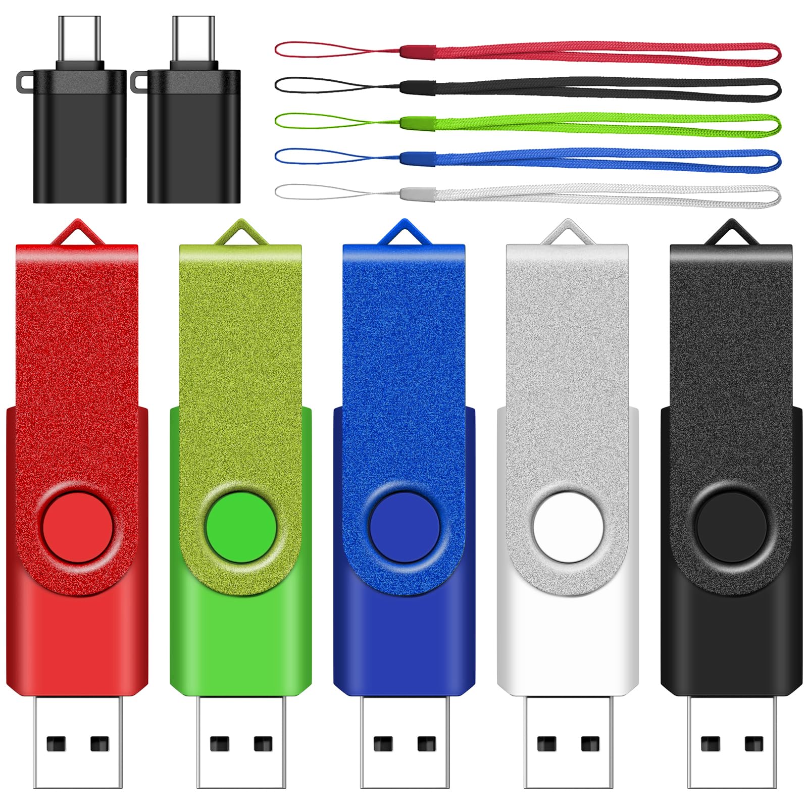 AreTop - Chiavetta USB da 64 GB con adattatore di tipo C, confezione da 5 unità USB 2.0 Thumb Drive, girevole, per uso domestico e ufficio (confezione da 5 da 64 GB, colori misti)