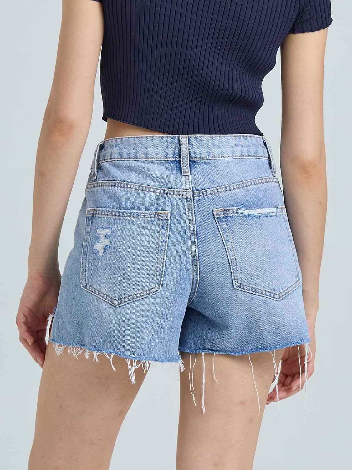 Womens High Waisted Jean Shorts Frayed Hem Ripped Denim Shorts Trendy Distressed Cut Off Jean Short with Pockets for Summer