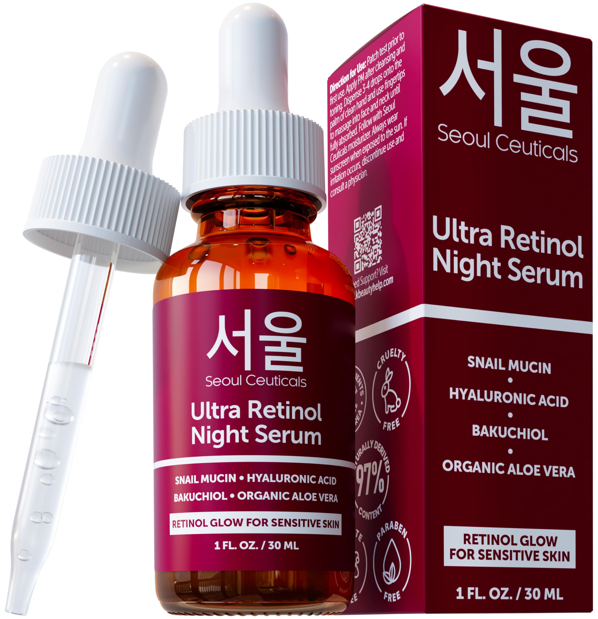 SeoulCeuticals1% Korean Retinol Night Serum for Face - 97.5% Snail Mucin + Hyaluronic Acid + Bakuchiol, Cruelty Free K Beauty for Sensitive Skin 1oz