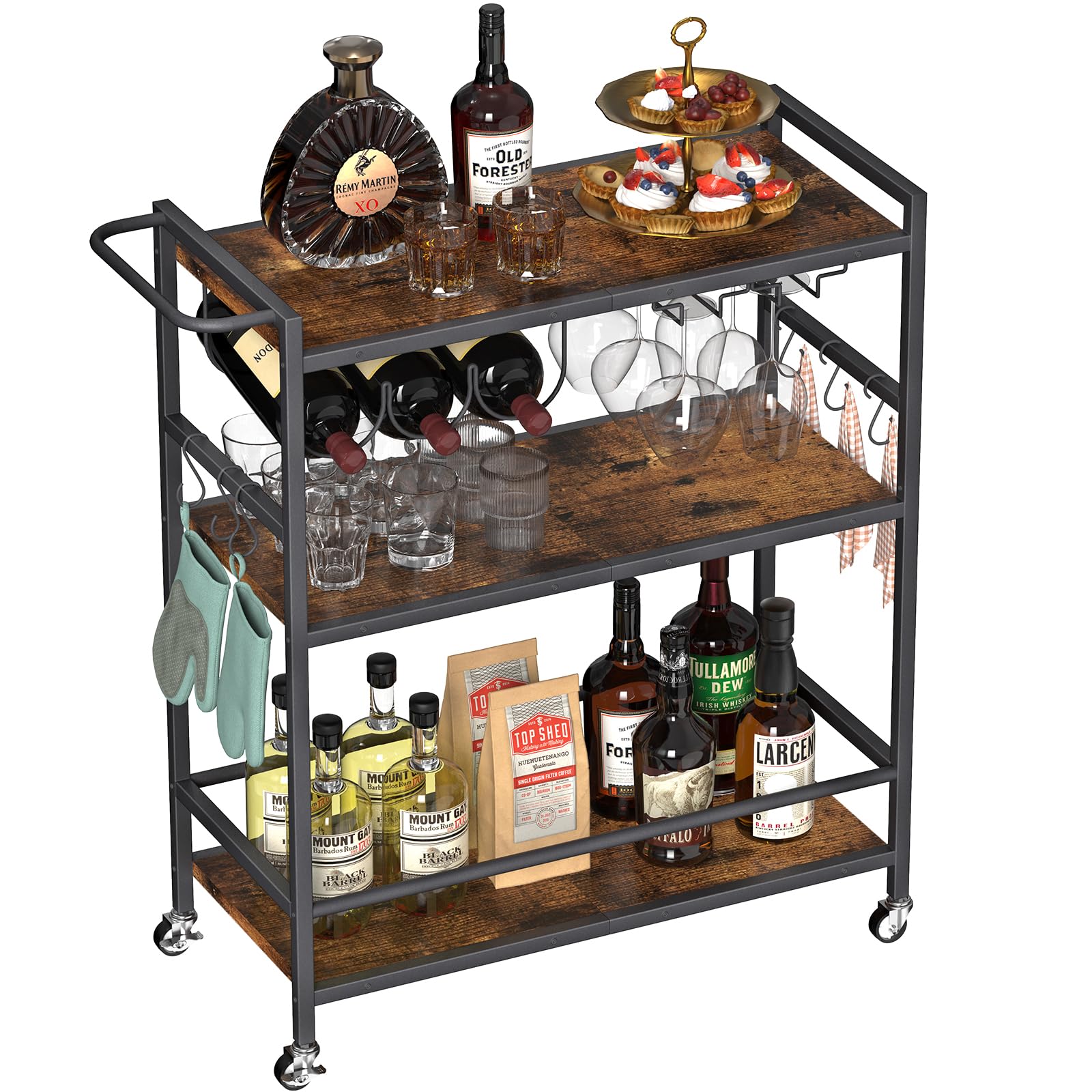 EasyComBar Cart for The Home, 3-Tier Serving Carts with Lockable Wheels, Glass Holder, 6 Hooks, Wine Rack, Small Rolling Kitchen Cart for Dining Room, Bathroom Black, Living Room