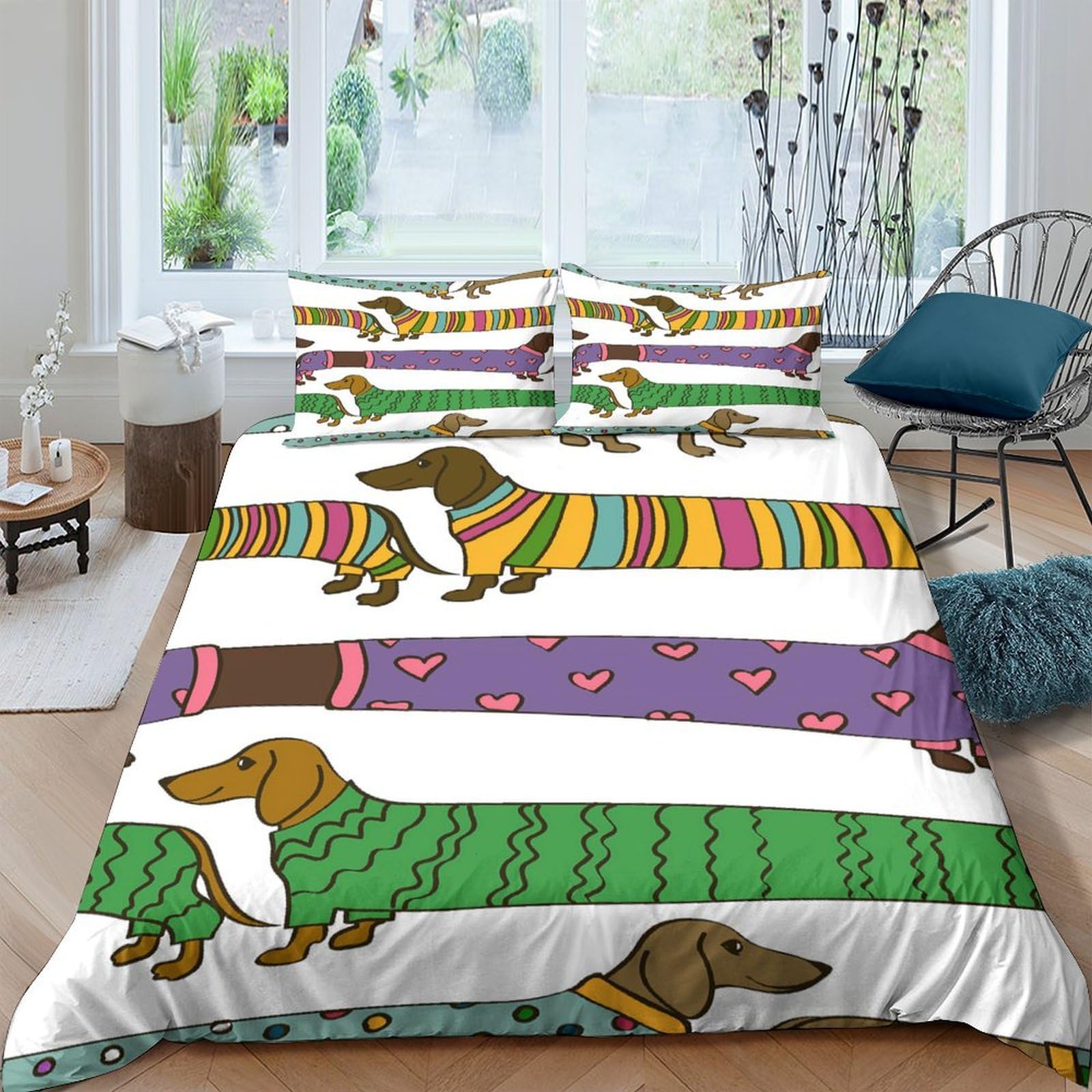 Ctjqhvkz Style-7 3D Printed Colorful Dachshund Fitted Sheet Microfiber Soft Stripe Dog Pattern Mattress Cover For Bedroom Guestroom Home Decor Single（135X200cm）