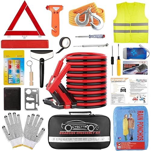 Car Roadside Emergency Kit,Auto Vehicle Truck Safety Emergency Road Side Assistance Kits with Jumper Cables,Safety Hammer,Reflective Warning Triangle,Tire Pressure Gauge,Tow Rope,etc