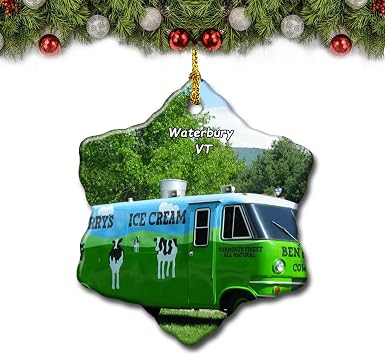 Waterbury Ben and Jerrys Vermont USA Christmas Tree Ornament Travel Gift Souvenir 3 Inch Porcelain Double Side
