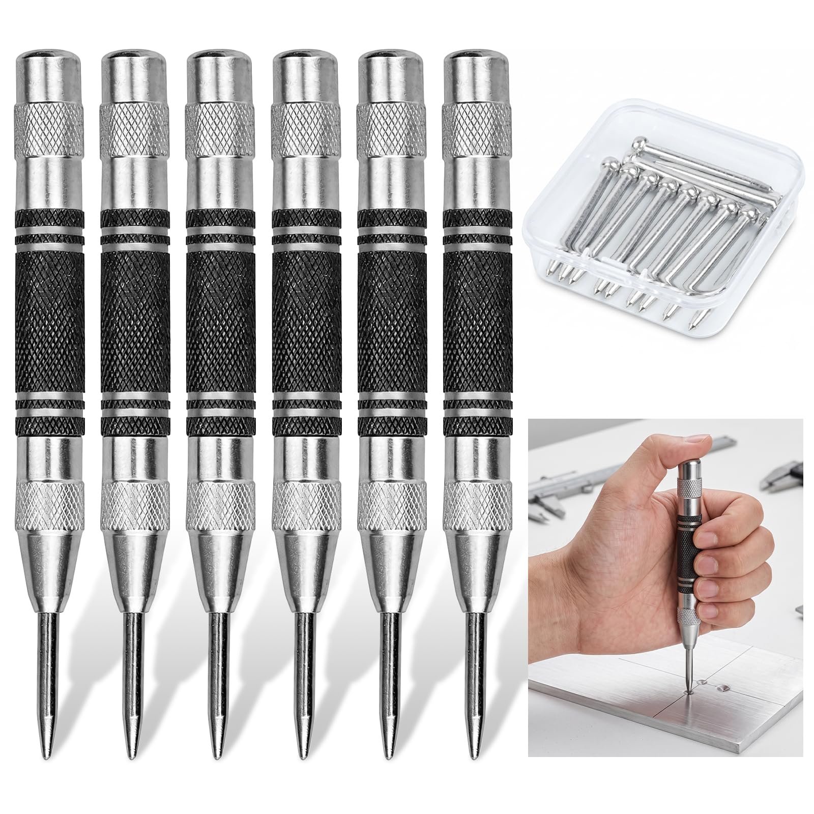 Akamino 6 Pcs Automatic Metal Centre Punches with 12 Replacement Tips, Steel Adjustable One-Handed Spring Impact Loaded Center Hole Punch, Hand Push Tools for Machinists Glass Wood Thin Steel Sheets
