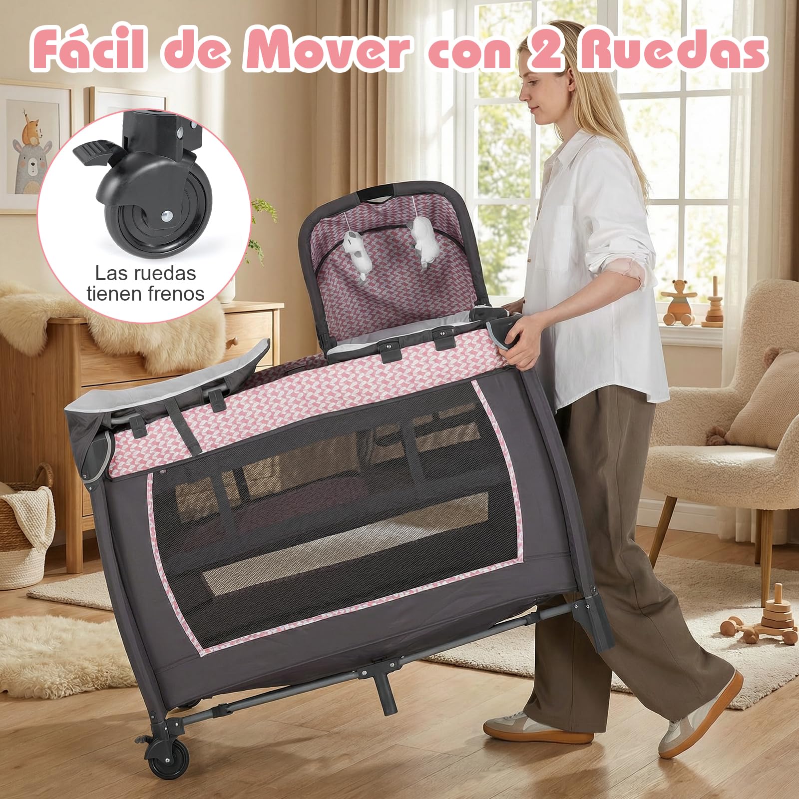 COSTWAY Cuna de Viaje Bebe con Colchón, 5 en 1 Centro de Actividades para Bebés con Cambiador, Cuna para Bebé, 2 Juguetes Colgantes y Caja de Música, Ruedas Móviles y Cesta de Almacenamiento (Rosa)