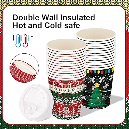 Miniatura 4 de Gerrii 100 vasos de papel de Navidad desechables de 12 onzas con tapas, tazas de chocolate caliente, tazas de café, tazas calientes de vacaciones