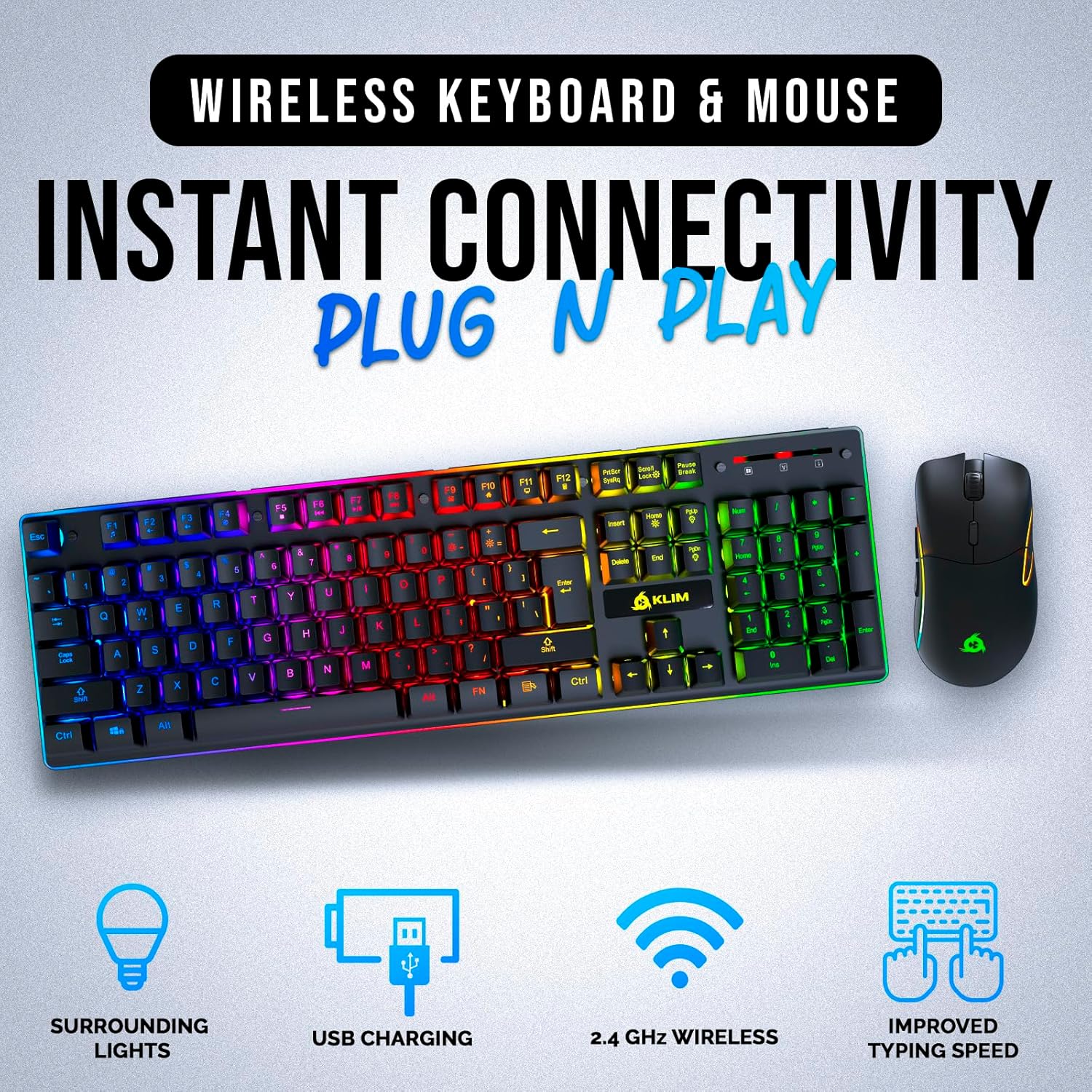 KLIM Thunder Wireless Gaming Keyboard and Mouse Combo - New 2024 - Wireless Backlit Keyboard with Long-Lasting Built-in Battery + 4800 DPI RGB Wireless Gaming Mouse for PC