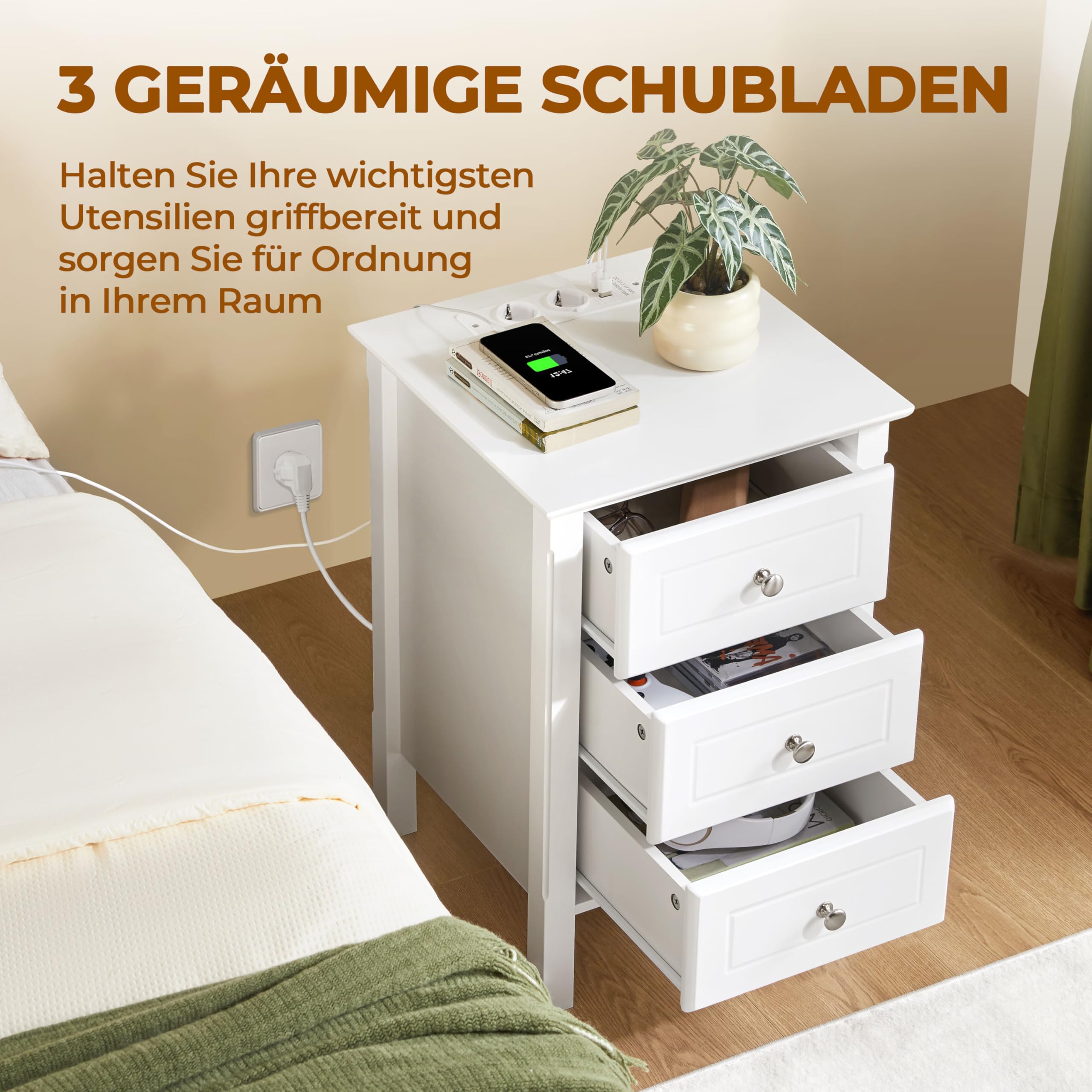 Yaheetech Nachttisch Beistelltisch mit Steckdose 2 Anschlüsse und 3 Schubladen Boxspringbett Nachtschrank Sofatisch Ablagetisch für Wohnzimmer/Schlafzimmer, Weiß