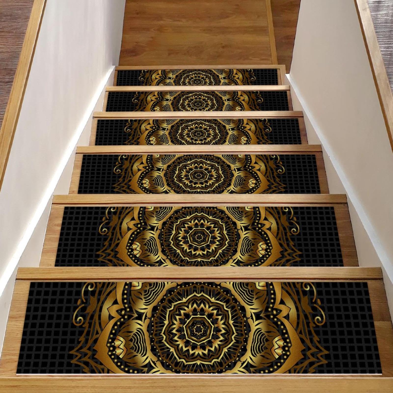 Tapis d'escalier antidérapants lot de 15 pour marches en bois mandala doré 76x20cm