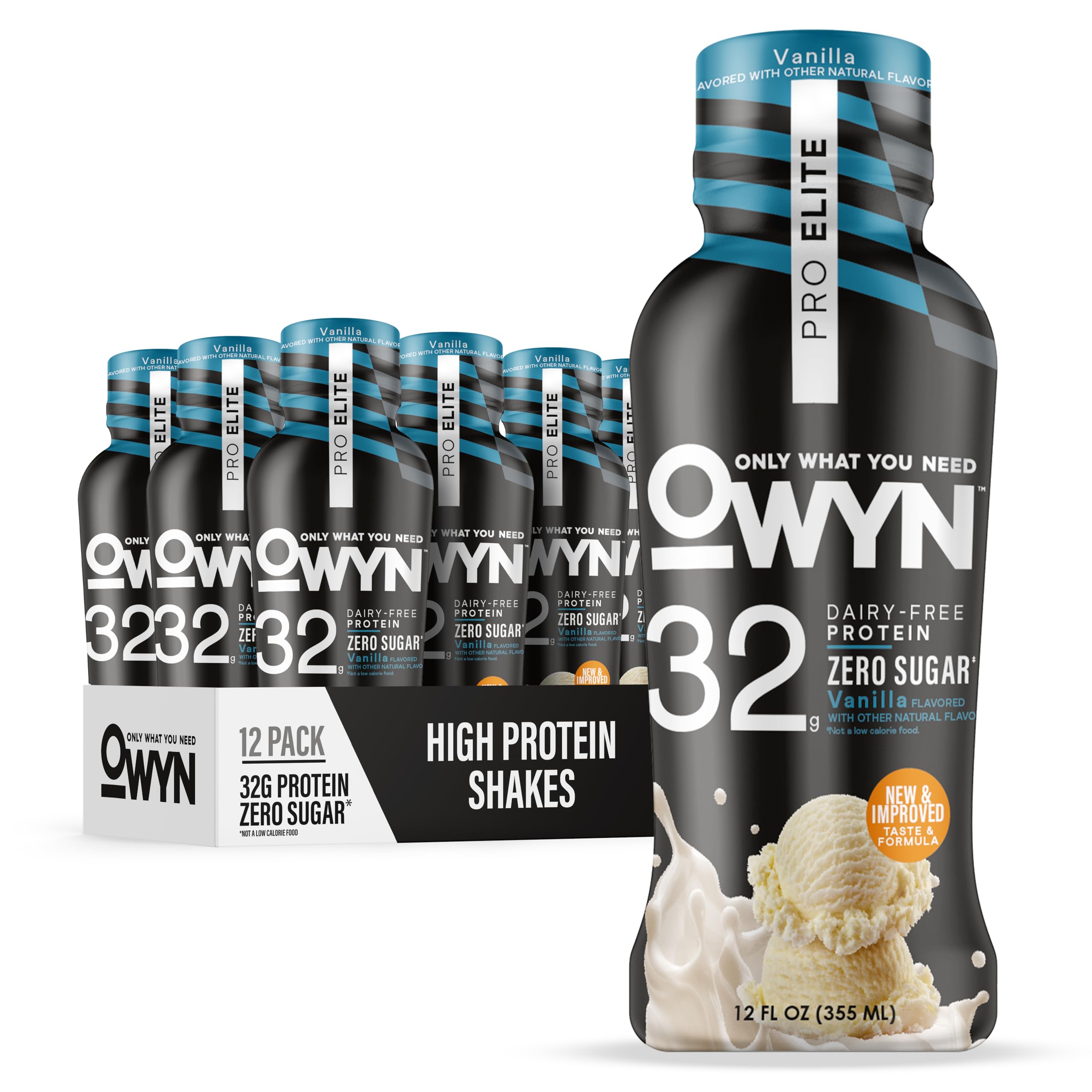 OWYN Only What You Need Pro Elite Vegan Plant Based High Protein Shake, Vanilla, 12 Pack, 32g Protein, Amino Acids, Prebiotics, Omega-3, Workout and Recovery, 0g Net Carbs, Zero Sugar, Keto