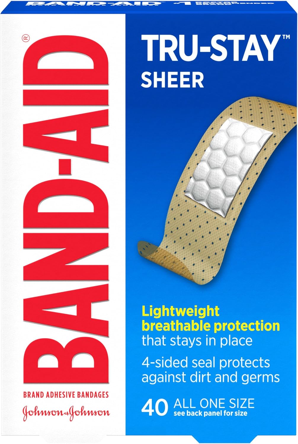 Product image of Band-Aid Brand Tru-Stay Sheer Strips Adhesive Sterile Bandages for First Aid & Wound Protection, Individually Wrapped Wound Care Bandages for Minor Cuts & Scrapes, All One Size, 40 ct