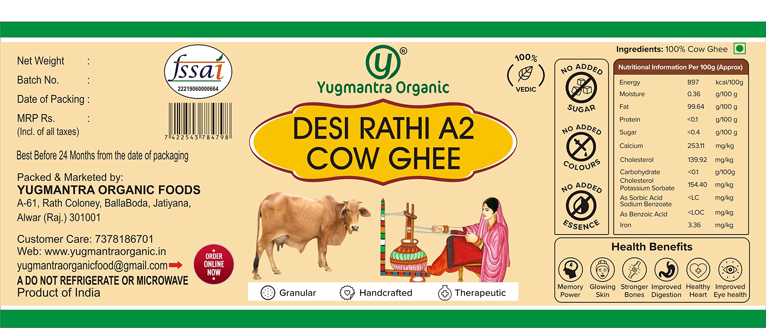 Yugmantra Organic Foods 100% Pure Natural Desi Rathi Cow Ghee - Glass Bottle Prepared from A2 Milk Bilona Method-Immunity Superfood 500 MLX 2