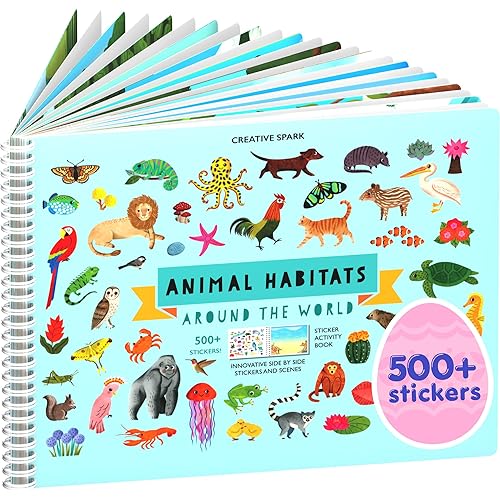 Animals Habitat 500+ Kids Sticker Book by Cupkin Toddler Airplane Travel Activity Coloring and Sticker Book, 12 Coloring Pages + 12 Scenes for Children's of 2-8 Years, Easter Gifts for Kids