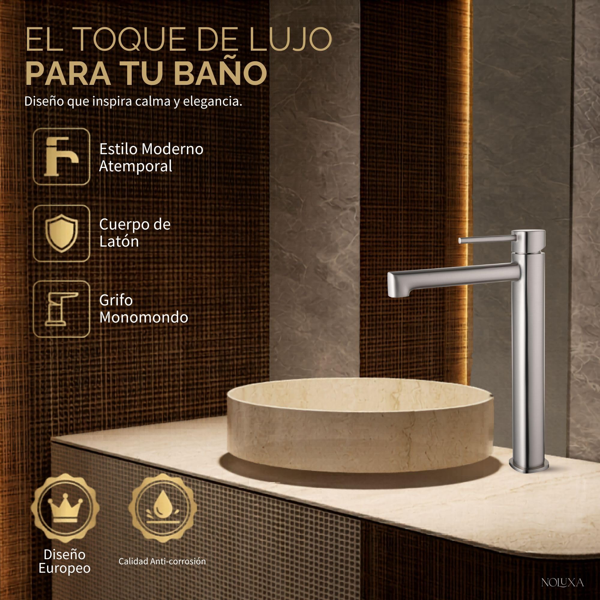 IMEX - Grifo Lavabo Níquel Caño Alto | Grifo para Lavabo de Baño con Agua Fría y Caliente | Grifería Monomando Efeto Cascada con Caño de Latón | Ahorro de Agua | Serie Toscana | Color Níquel Cepillado