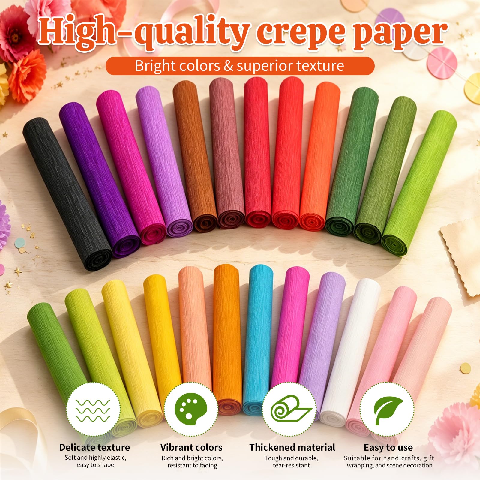 24 colori Crepe Paper Roll 10 X 98 pollici Papel Crepe Video Tutorial
