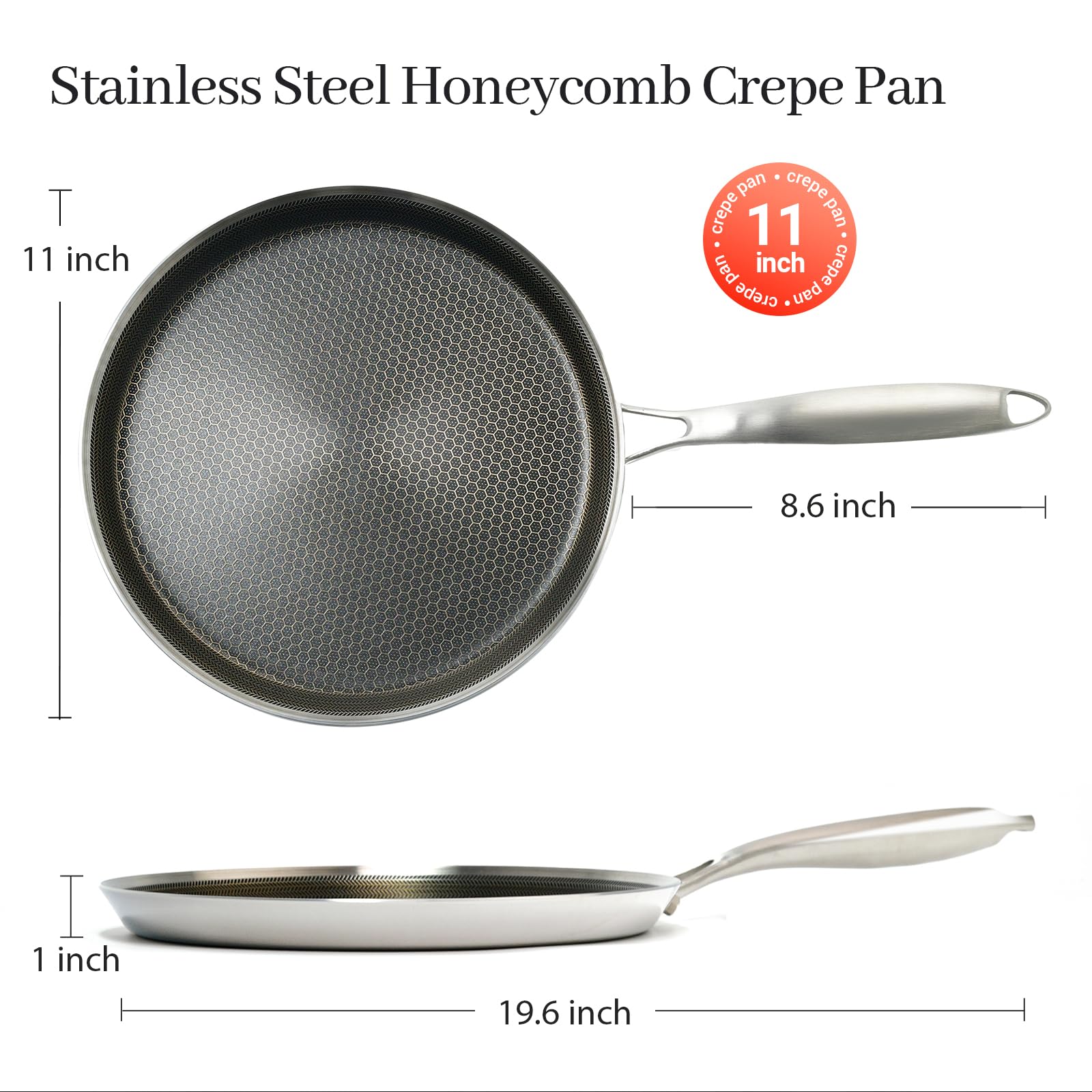 Sartén antiadherente para crepes con esparcidor y espátula, sartén para panqueques de 11 pulgadas para Dosa Tawa, freír huevos, tortillas, burritos, tako, acero inoxidable