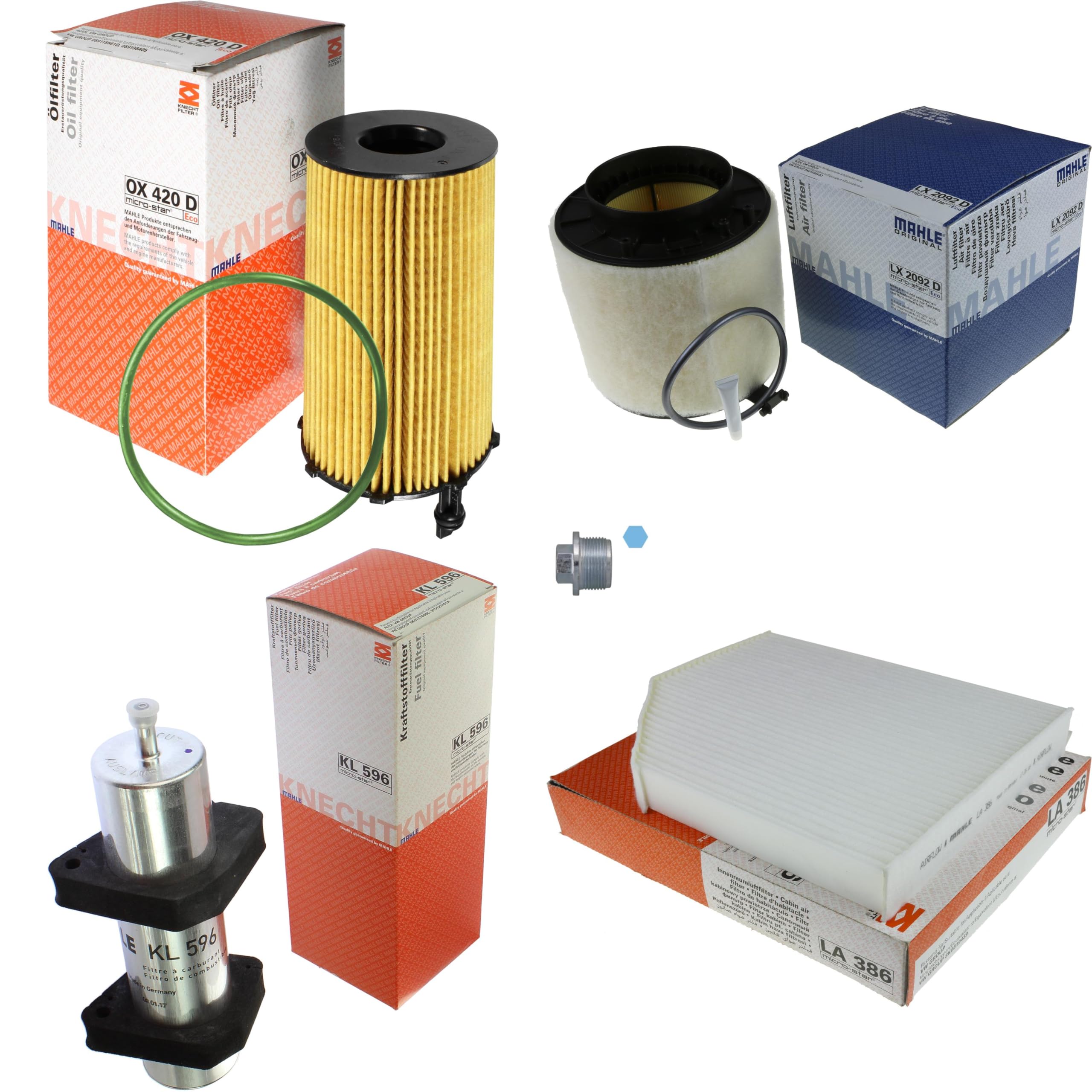 Paquete de inspección Kit de mantenimiento con filtro de aceite OX 420D, filtro de aire LX 2092D, filtro de combustible KL 596, filtro de habitáculo LA 386, tornillo de cierre