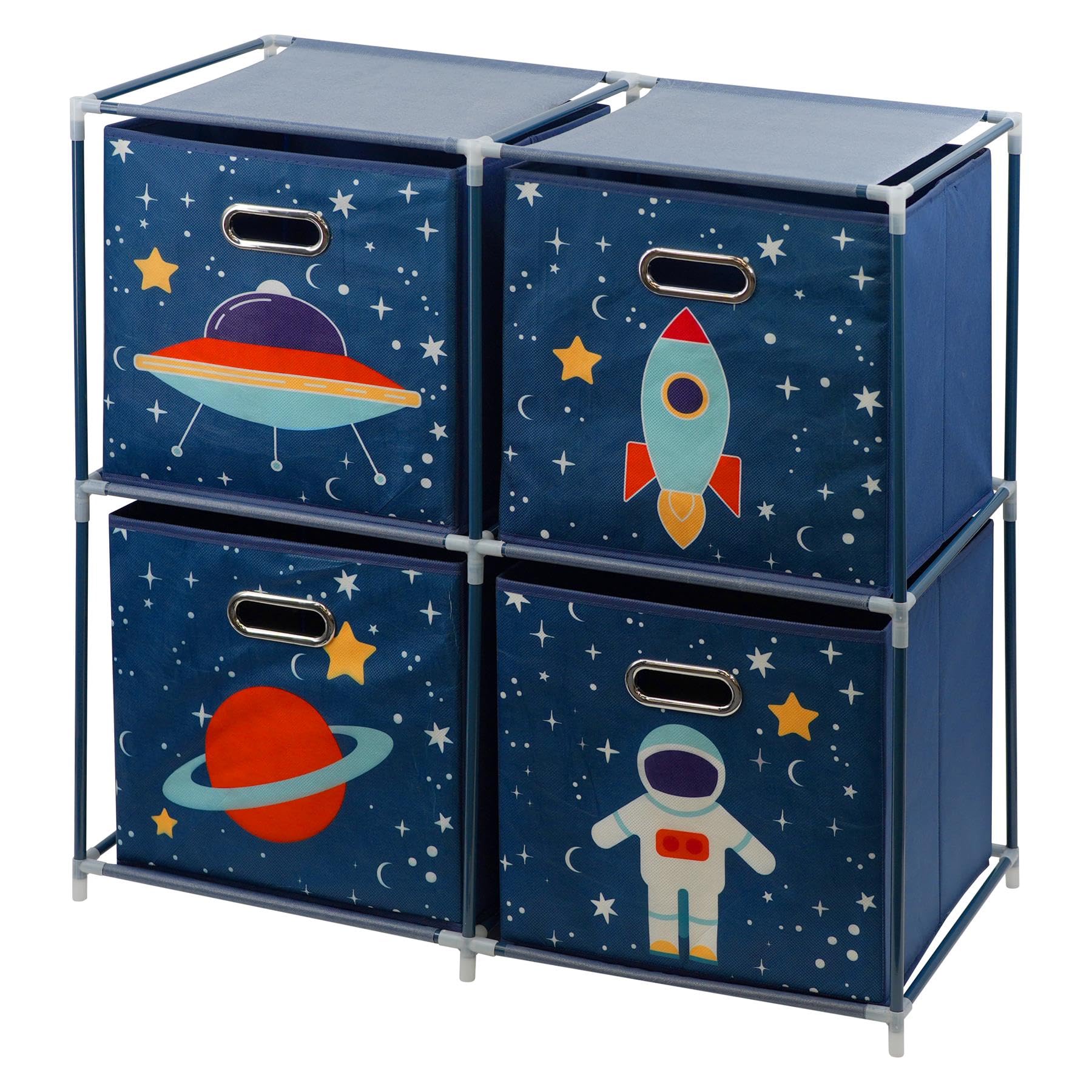 Kids Space Design Storage Cubes Set of 4 Foldable Toy Chest Box Organizer with Handles and Interlocking Rack for Kids Room Playroom