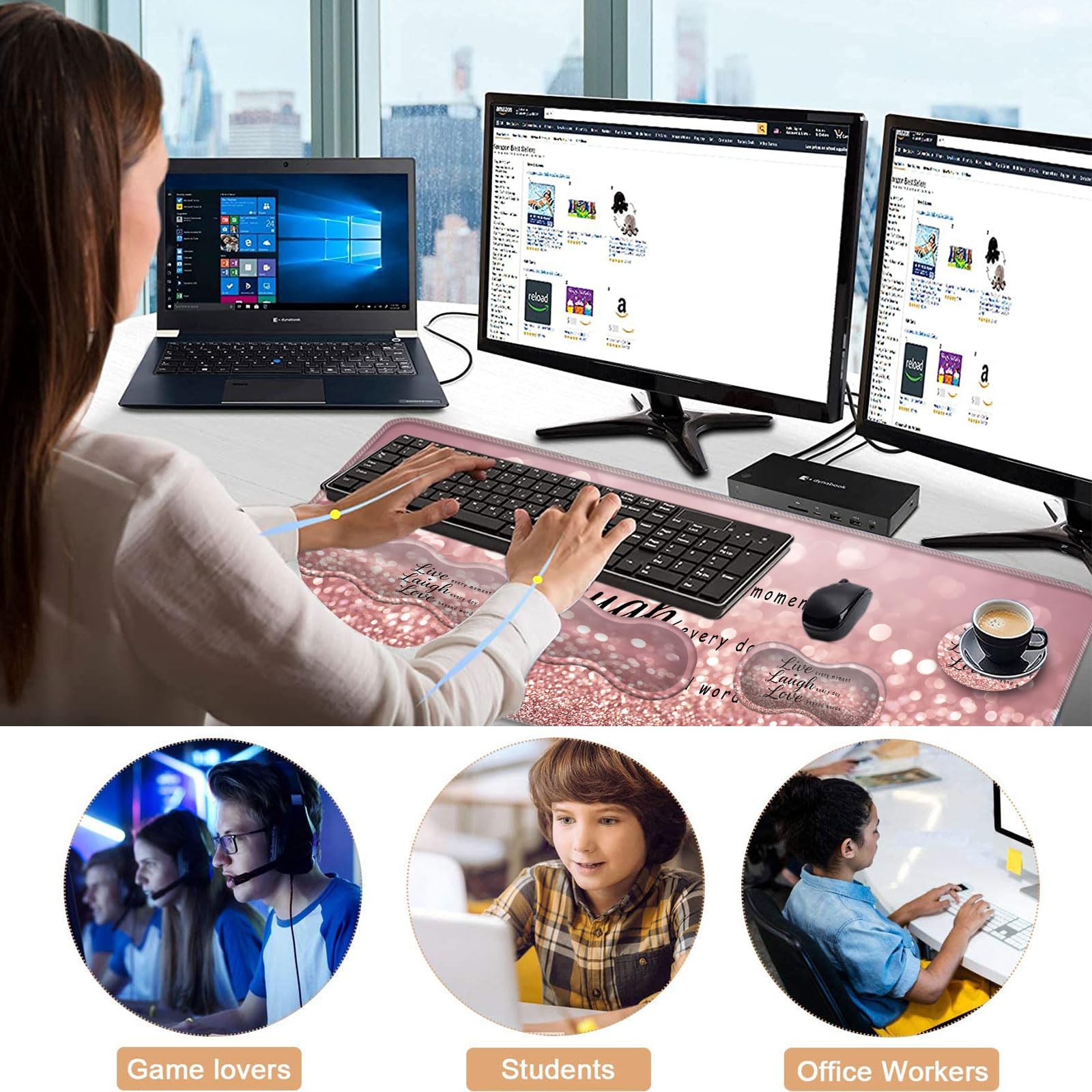 Poggiapolsi per tastiera e tappetino per mouse con supporto per il polso, set di sottobicchieri ergonomici, memory foam, facile da digitare, sollievo dal dolore, tappetino da scrivania grande XL 80 x