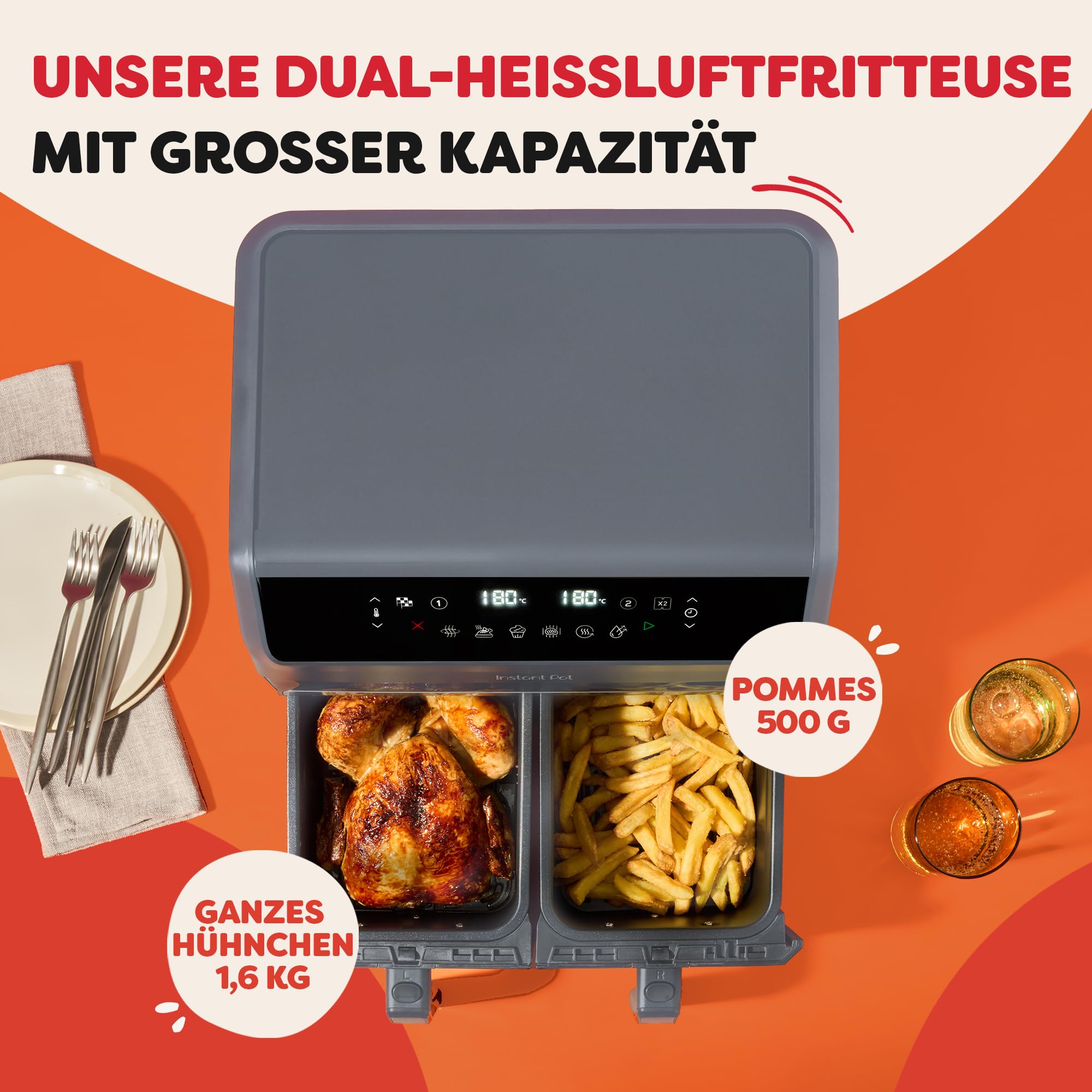 Instant Pot - Vortex Dual Truffle Grey - Frytkownica na gorące powietrze - Duża, 8 l, rozmiar rodzinny, podwójna, podwójne kosze 4 l, 8 w 1 - suszenie, grillowanie, pieczenie, smażenie.