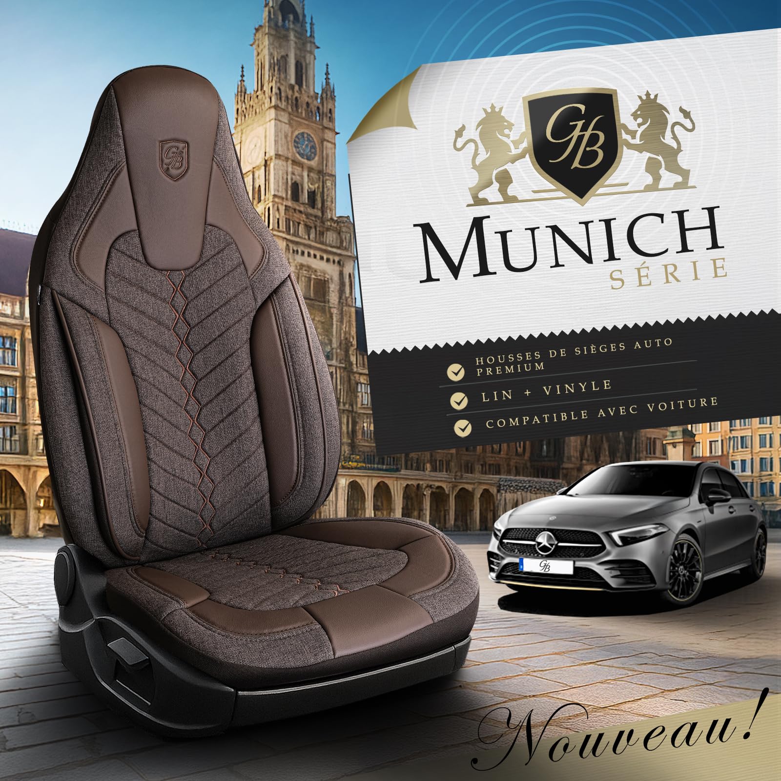Housses de siège auto universelles pour voitures et SUV – Housse de siège avant premium en lin, marron, coussin compatible airbag, housse de protection de siège auto, ensemble complet