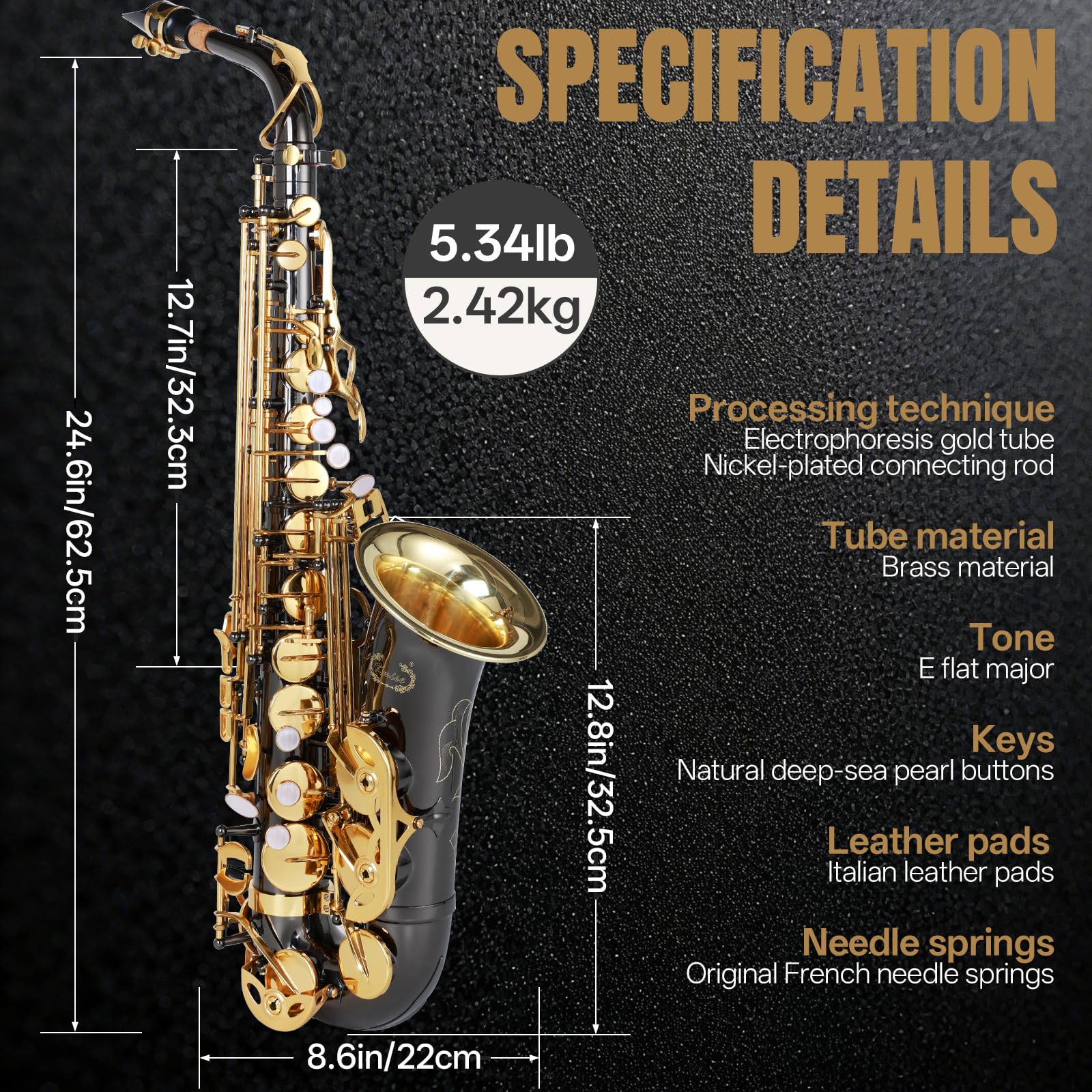 Kmise E Flat - Saxofón alto, saxofones ligeros para estudiantes principiantes, kit completo con funda portátil, soporte para saxofón, correa, lengüetas, guías para principiantes, silencio, kit de
