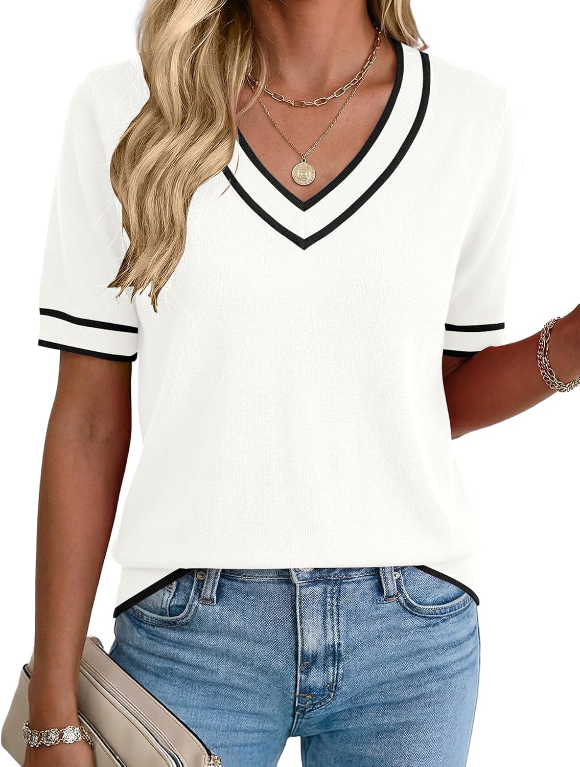 Rapbin Womens Short Sleeve Sweater Summer V Neck Tops Casual Knit Shirts Lightweight Pullover Top