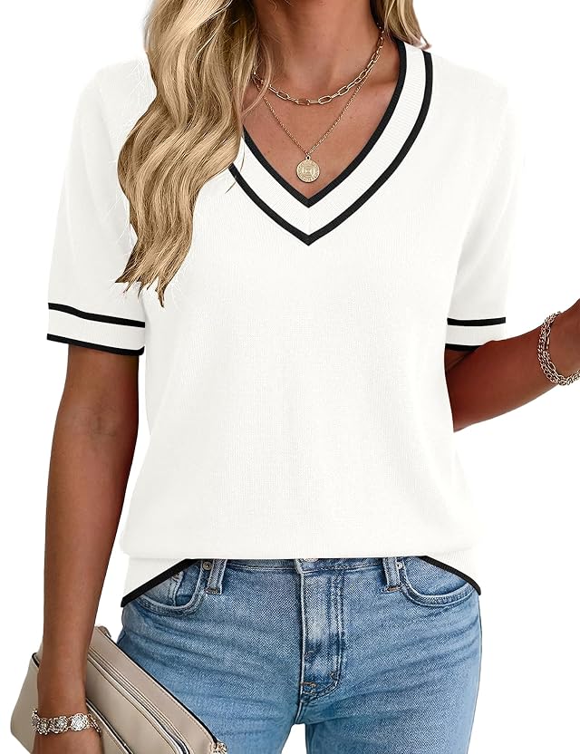 Rapbin Womens Short Sleeve Sweater Summer V Neck Tops Casual Knit Shirts Lightweight Pullover Top