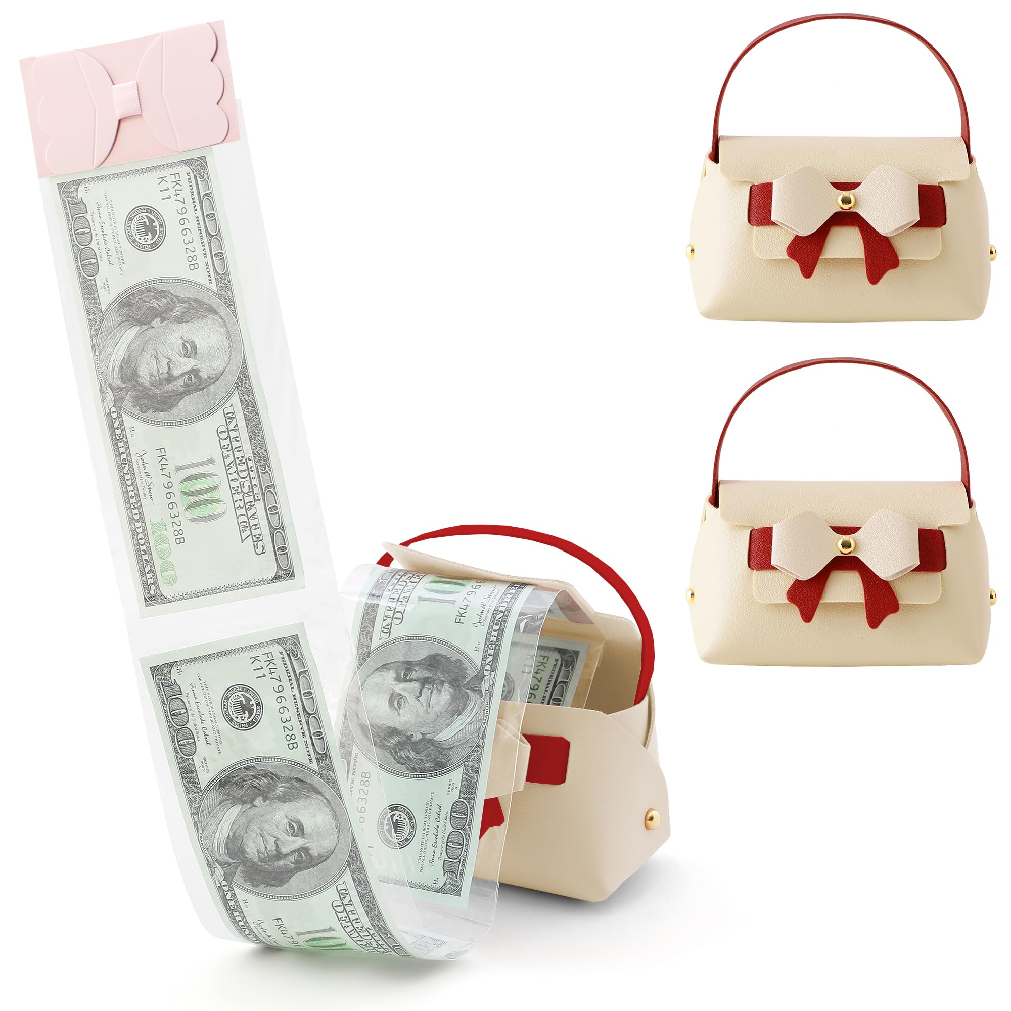 Litvana Ribbon Money Surprise Box - 2 Pack Leather Pull-Out Cash Box for Birthday, Anniversary, Christmas Gifts Beige