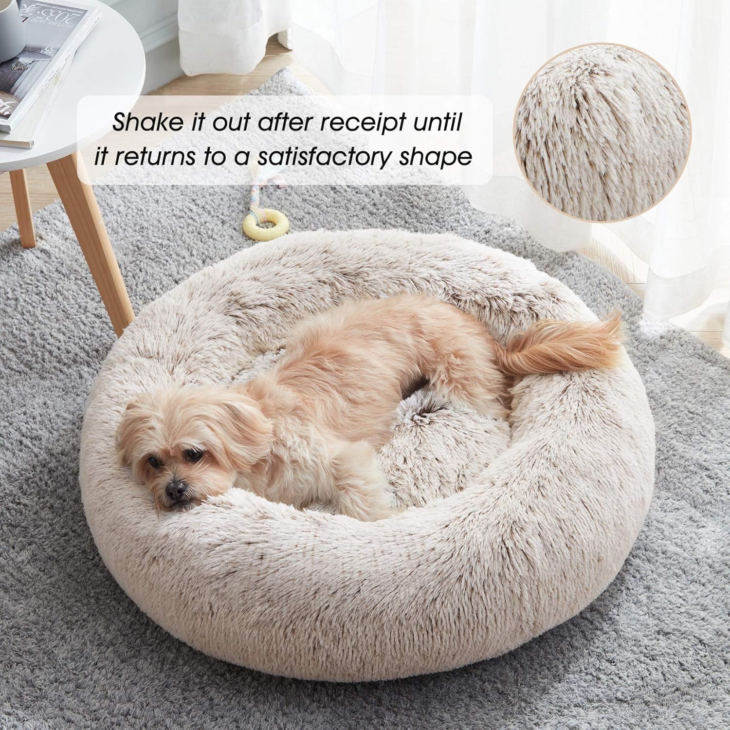 western home wh calming dog & cat bed, anti-anxiety donut cuddler warming cozy soft round bed, fluffy faux fur plush cushion bed for small medium dogs and cats 27.0"l x 27.0"w x 8.0"th white khaki