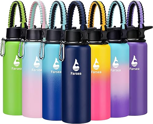 Botella de agua Farsea aislada al vacío, de acero inoxidable, termo de boca ancha, tapas con pajita y asas paracord. Doble pared a prueba de sudor,