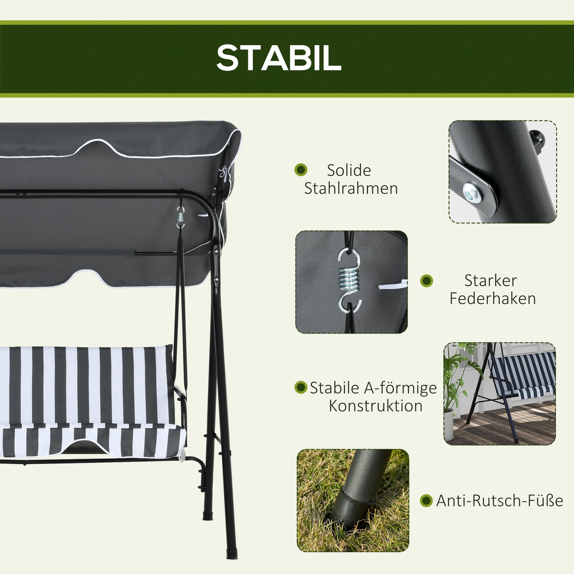 Outsunny Hollywoodschaukel mit Sitzpolster, 3-Sitzer Gartenschaukel mit verstellbarem Sonnendach, Schaukelbank belast bis 240 kg, für Garten, Terrasse, 172 x 110 x 153 cm, Grau+Weiß