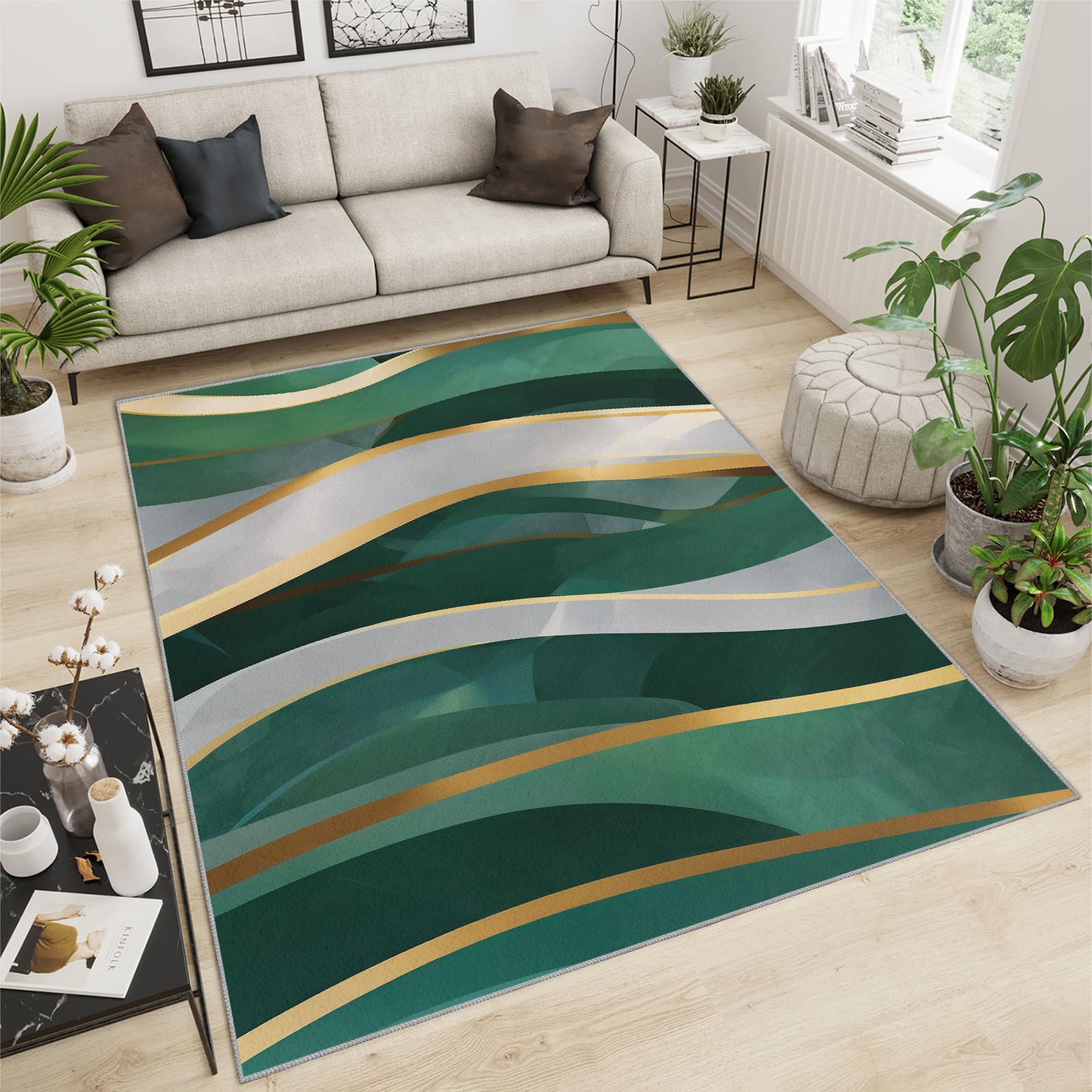 Tapis ondulé vert émeraude aux lignes géométriques pour chambre moderne