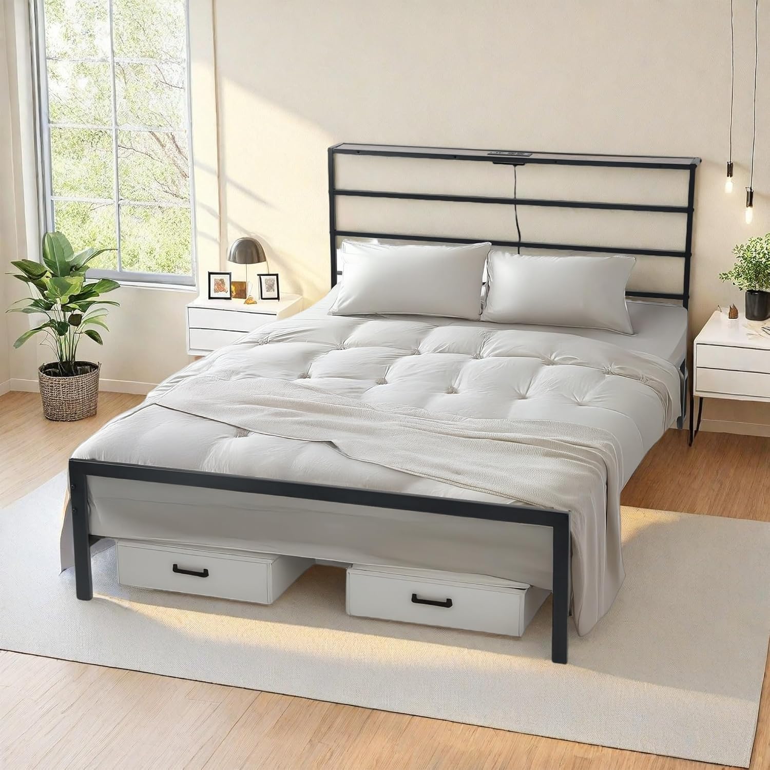Homy Casa Bed Frame with Headboard LED, 2 USB & 2 Outlets, Full/Twin Size Platform Bed with Under Bed Storage & Headshelf, Heavy Duty Metal Rustic Bed Frame, No Box Spring Needed, Black (Full)