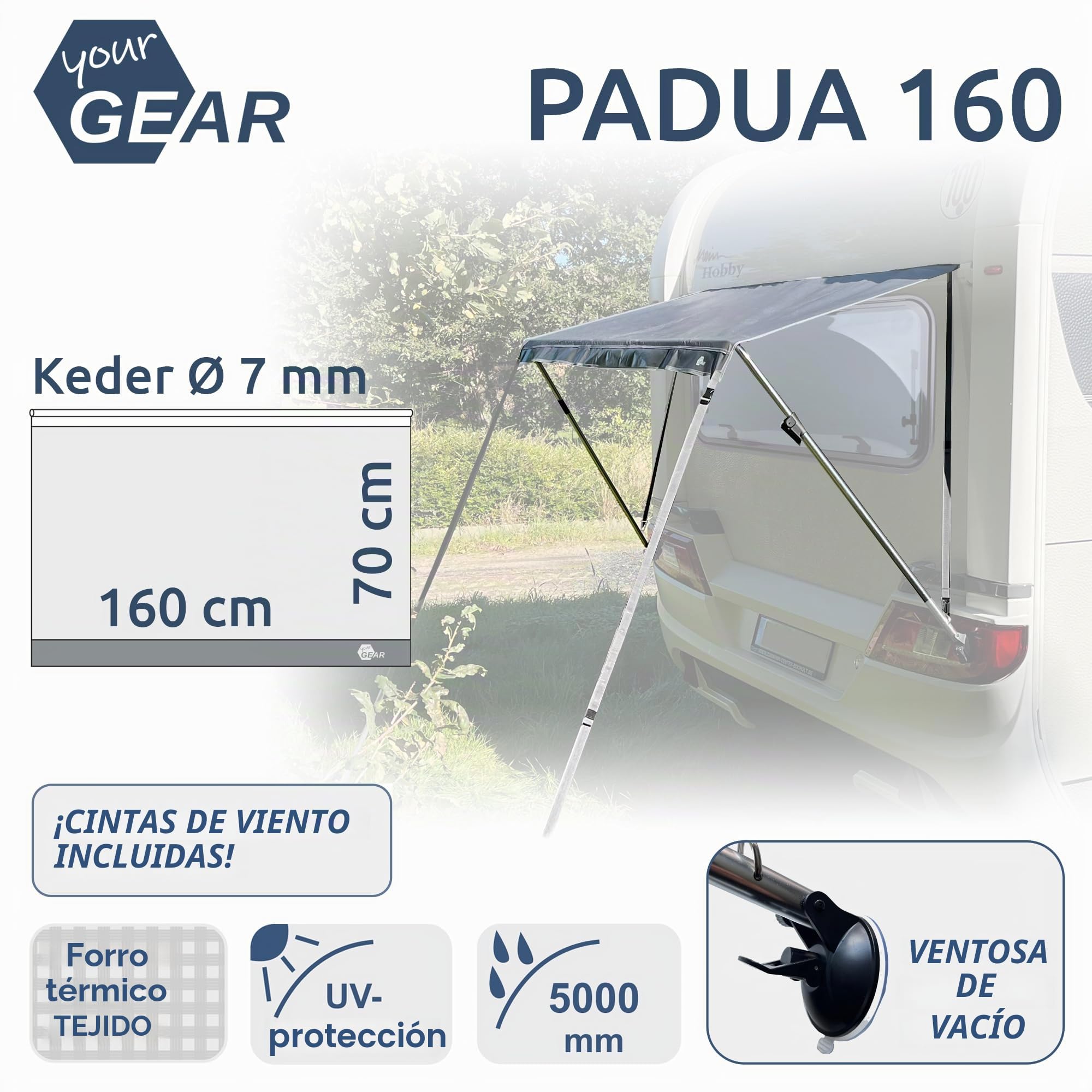 your GEAR Padua - Toldo para ventana de caravana 160 x 70 cm, refuerzo de 7 mm, protección solar UV 80+