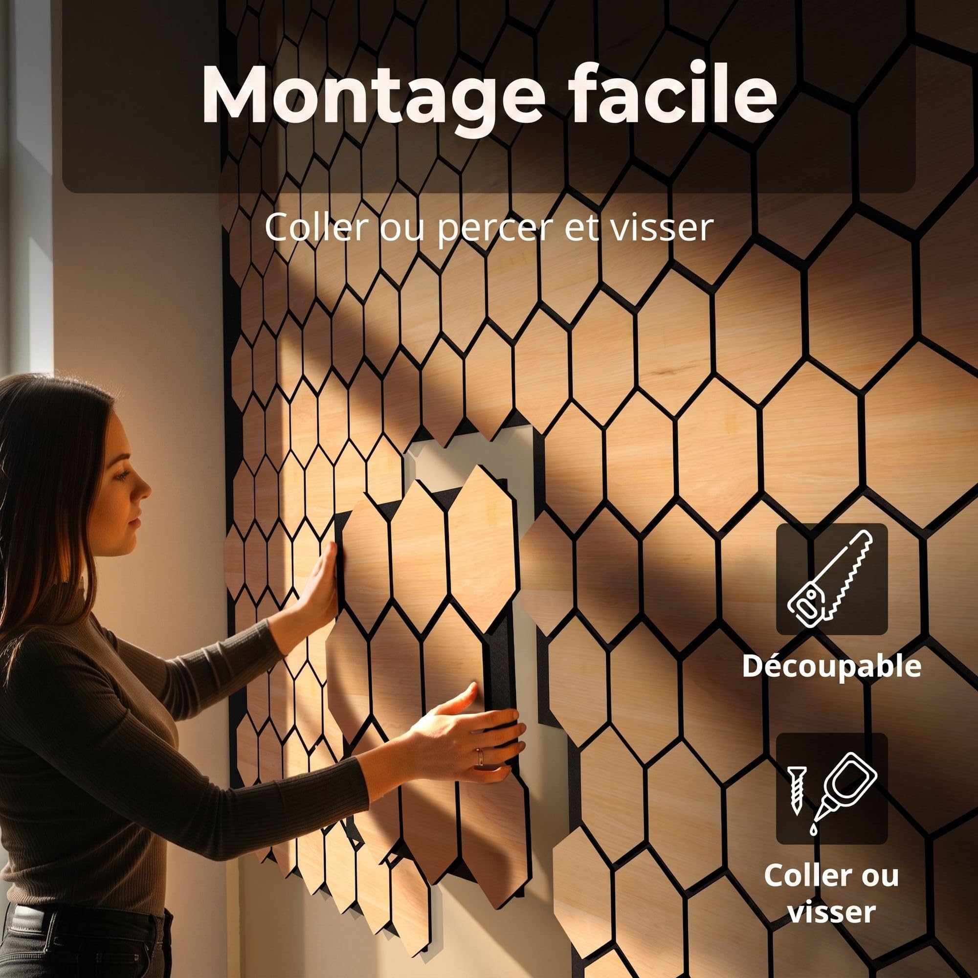 4x Panneaux acoustiques à motif hexagonal 76 x 62cm Noyer bois