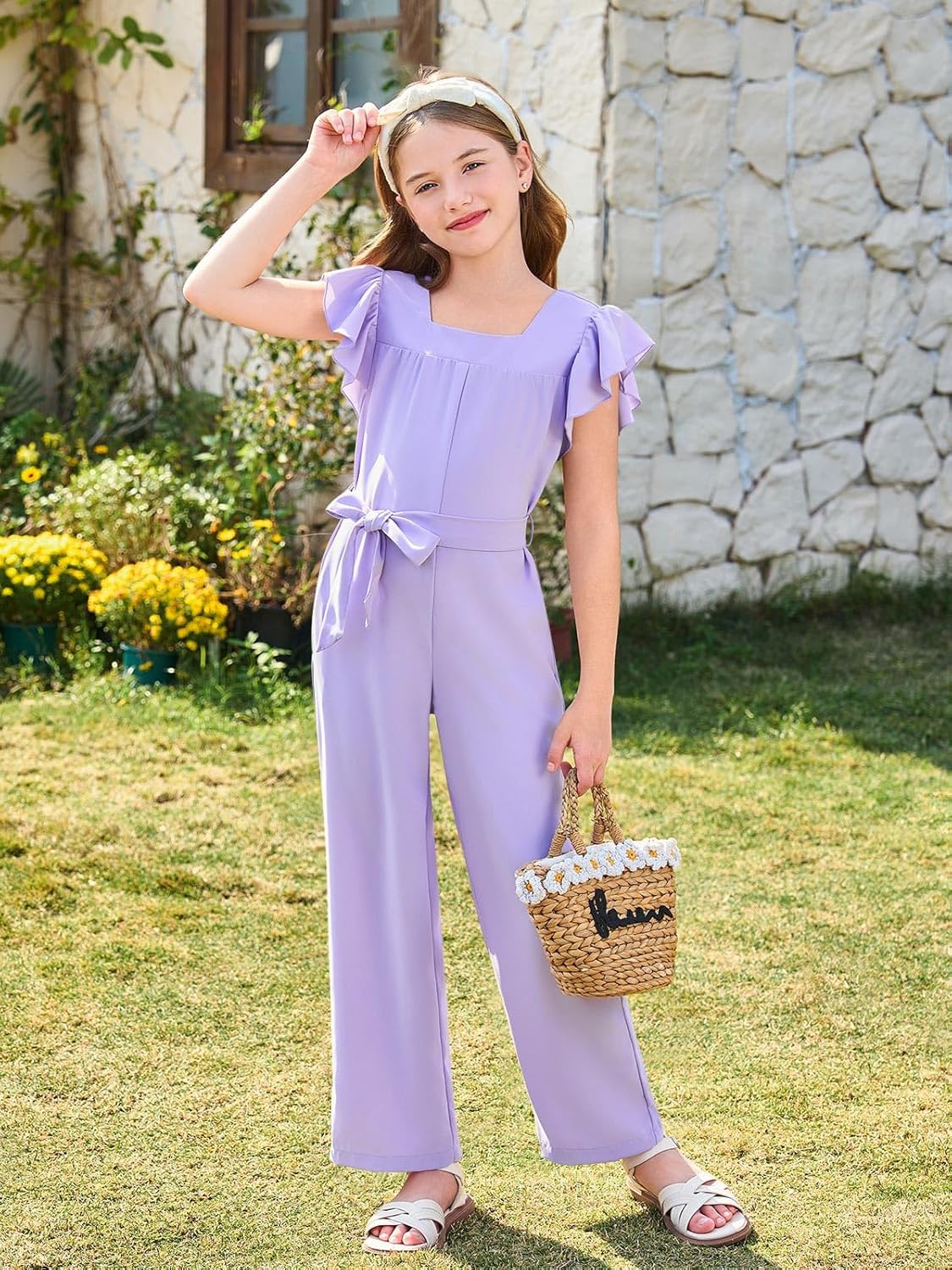 Haloumoning Girls Jumpsuit Kids Fashion Square Neck Ruffle Sleeve Belted Wide Leg Romper with Pockets Purple 9-10 Years image 2 of 5 B0DM5T48RQ