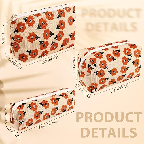 Miniatura 9 de Photect Bolsa de maquillaje floral de 3 piezas para bolso, bolsa de cosméticos pequeña, bolsa de lona de pana, bolsa de viaje con cremallera para