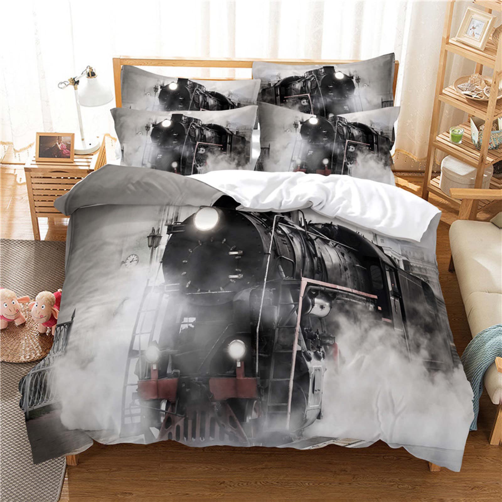 Housse de couette 160x200 train gris avec fermeture éclair pour lit enfant sans plis