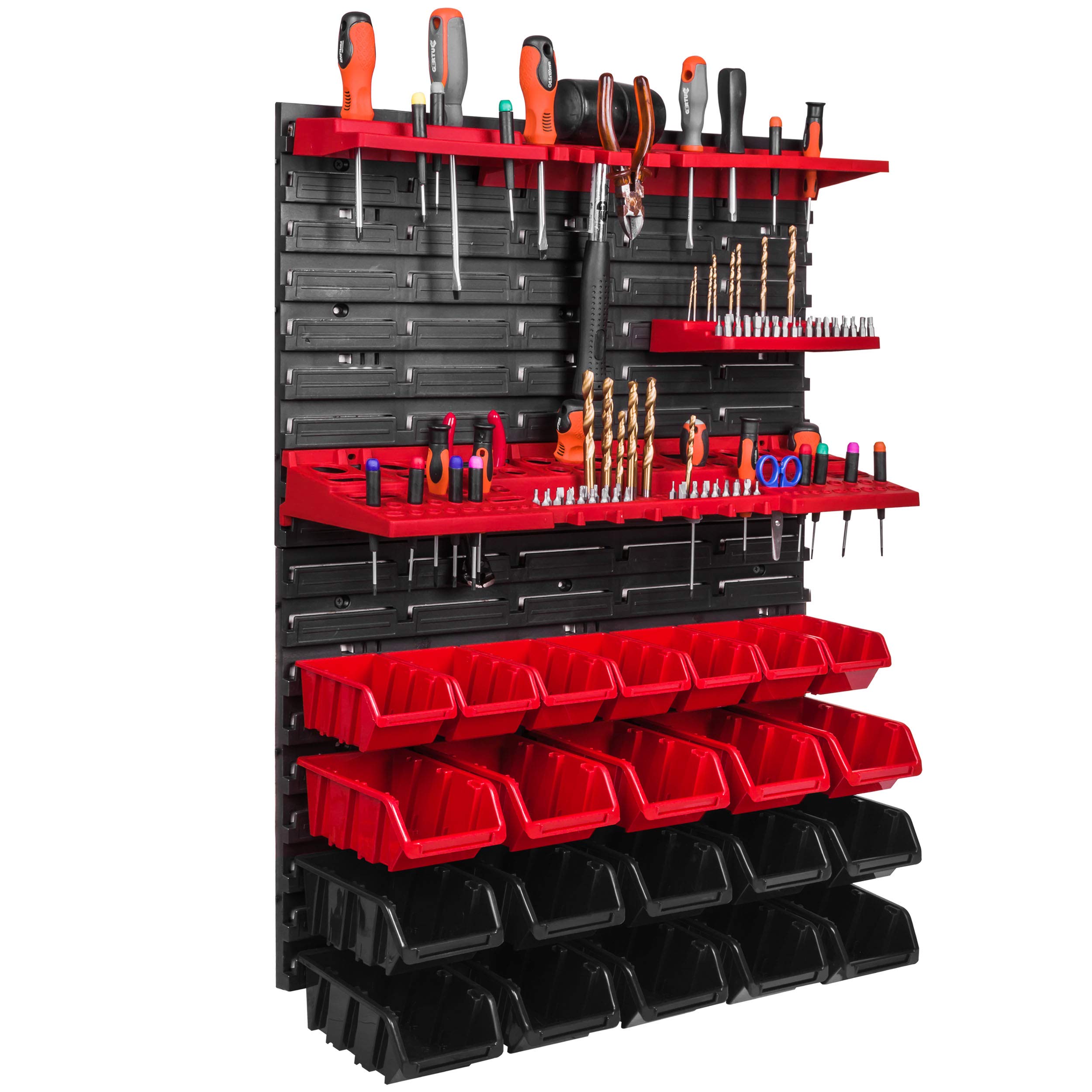 Stapelboxen 57 x 78 cm Wandregal Werkzeugwand Werkzeughalter Lagersystem erweiterbar Kunststoff Sichtlagerkästen Wandplatten Werkstattregal Lagerregal Werkstattwand (ITBNN600x2-U0111-MIX26)