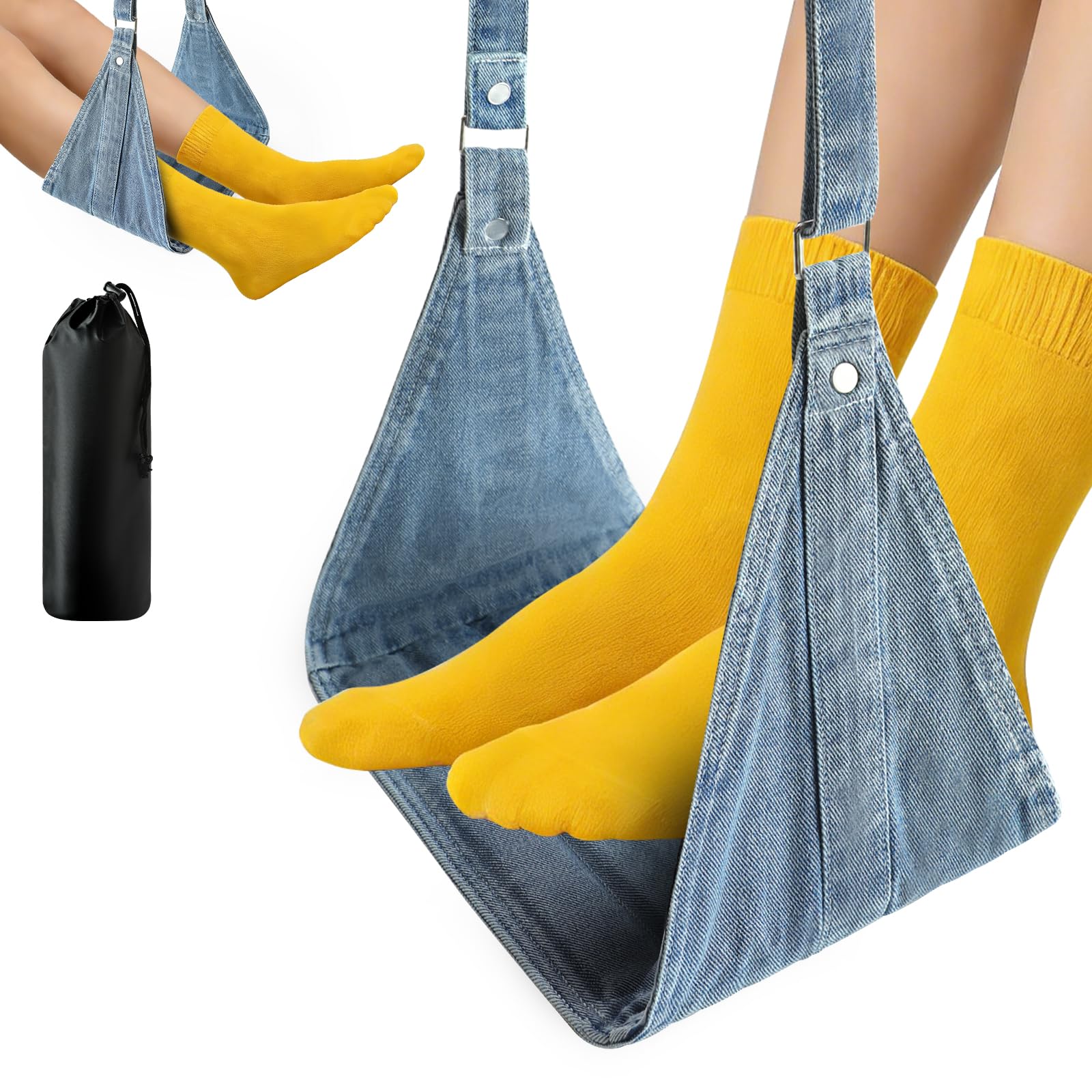 Photo 1 of Airplane Foot Hammock, No Collapse Foot Rest for Plane Travel with Extended Adjustment Strap, Portable Desk Foot Hammock with,Cotton Denim, Foot Sling Travel Essentials to Relax Your Feet(Light Blue)