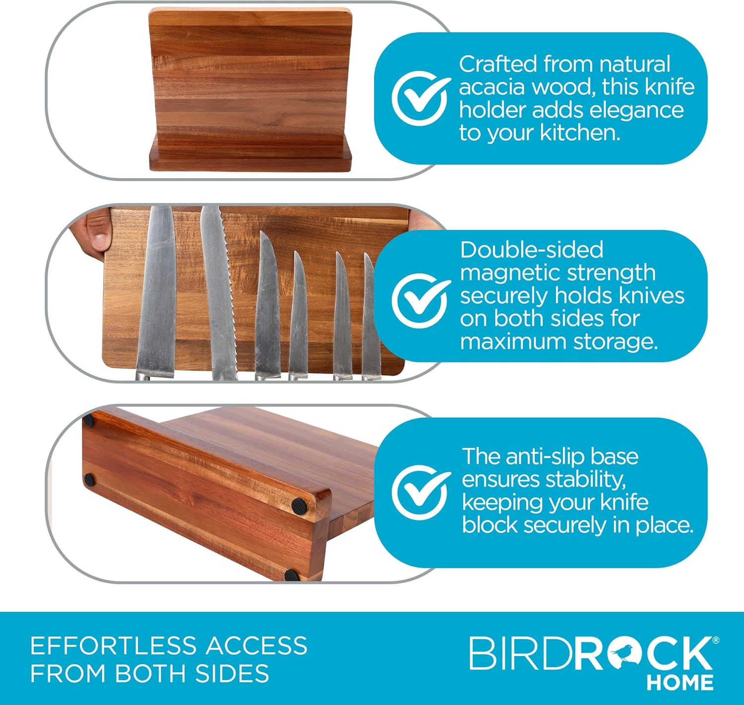 BIRDROCK HOME Wooden Magnetic Knife Block | Acacia Wood Knife Storage | Double-Sided Strong Magnetic Knife Holder | Knife Organizer for Kitchen & Space-Saving Design | No Knives Included | 12.8"Lx10"H