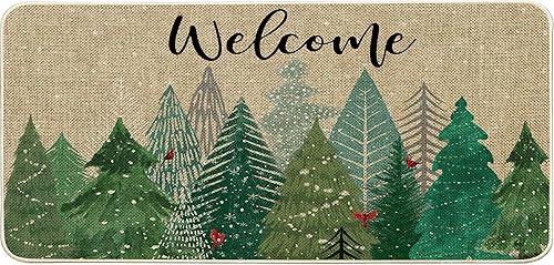 Miniatura 1 de ORTIGIA Tapete de bienvenida con diseño de pinos de invierno para interiores y exteriores, para patio, árbol de Navidad, antideslizante, duradero,