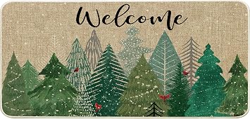 ORTIGIA Winter Doormat 17x36 Inch, Christmas Tree Snow Winter Xmas Door Mat for Entrance Yard Patio Floor Welcome Rug for Indoor Outdoor Decoration