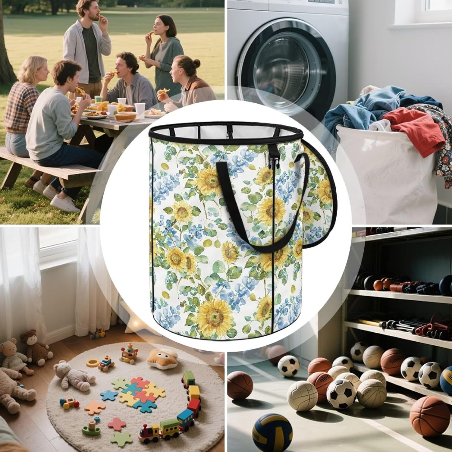 Sunflower Collapsible Trash Can 20 Gallon Camping Garbage Can Outdoor Storage Waterproof Trash Bin with Zippered Lid Recycle Bin for Clothes