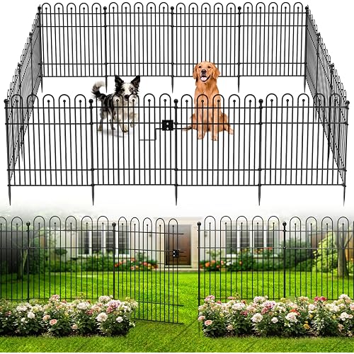 Garden Fence Animal Barrier with Gate, 32 in (H) x23.6ft (L) Decorative Garden Fence, 10 Panels No Dig, Rustproof Metal Temporary Fence, Dog Fence Outdoor for Yard, Patio