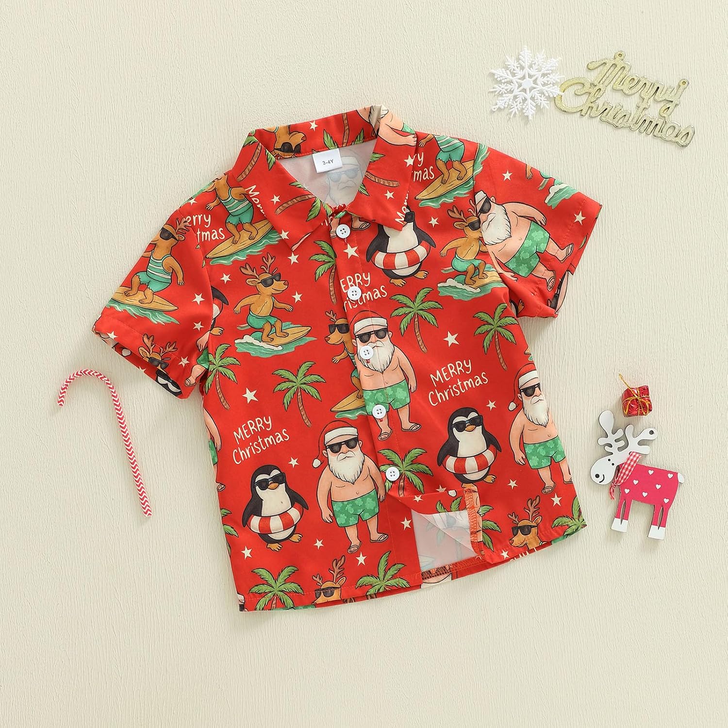 Honganda Kids Toddler Baby Boy Christmas Outfit Short Sleeve Button Down Shirt Santa Reindeer Palm Tree Fun Holiday Beach Top